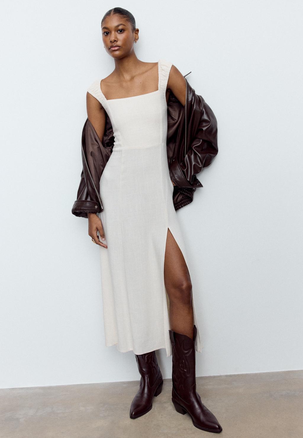 Vestido fluido midi cruzado espalda con lino