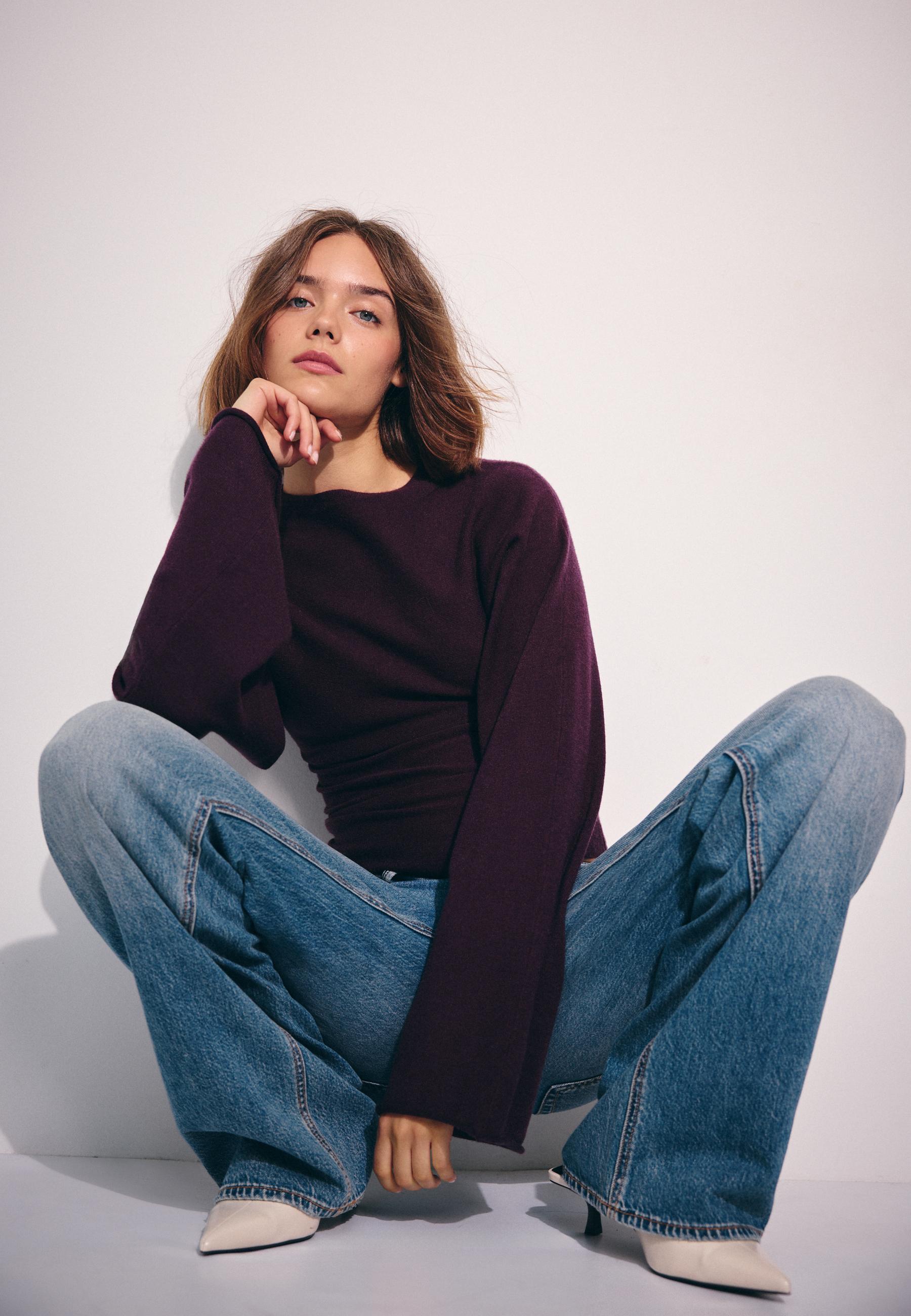 Stand collar knit jumper with kimono sleeves — Dark purple