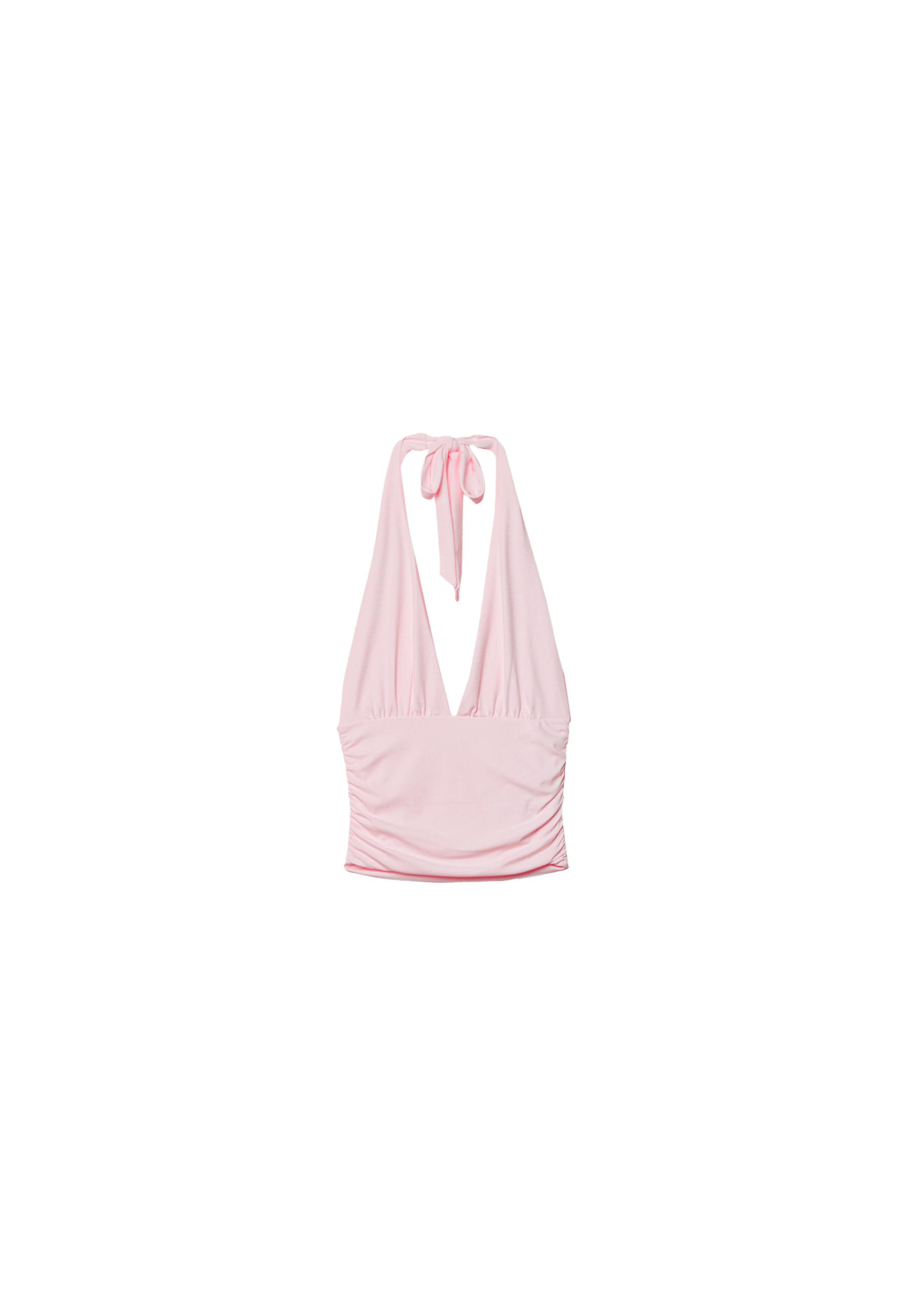 Ruched halter top with neck tie — Salmon pink