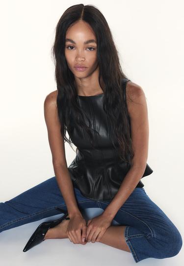 Leather effect peplum sleeveless top — Black 6