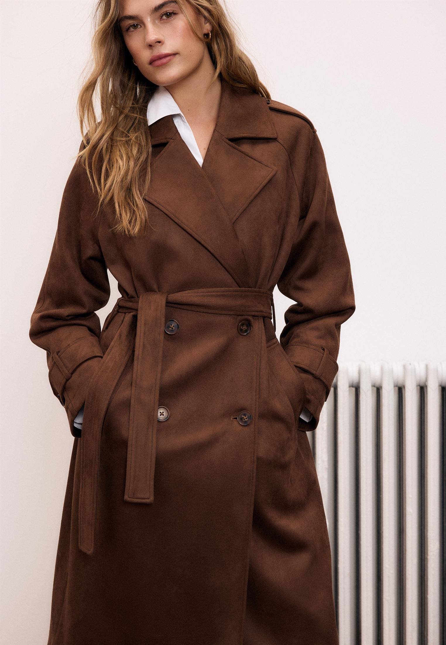 Long faux suede trench coat — Brown