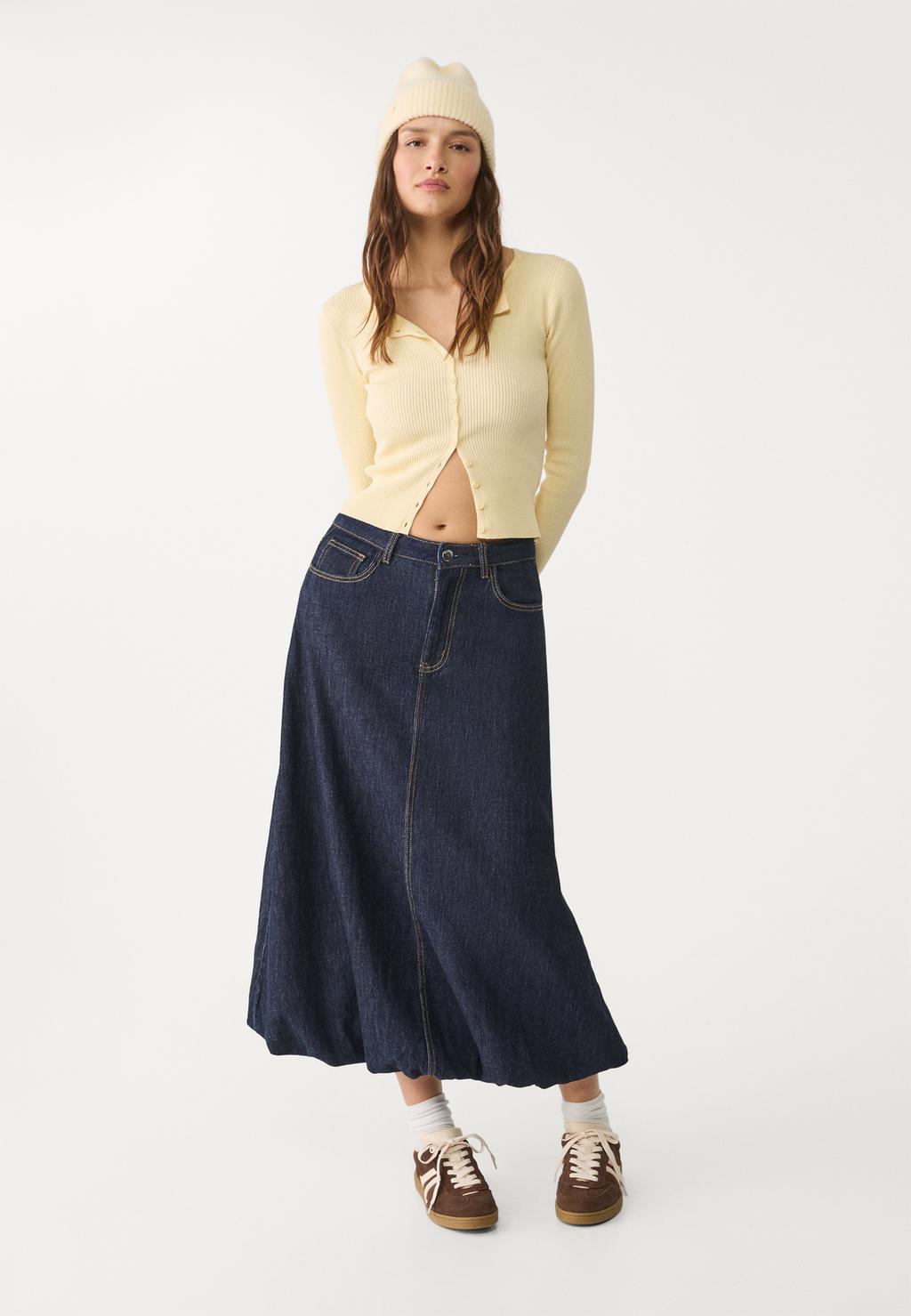 Long denim balloon skirt