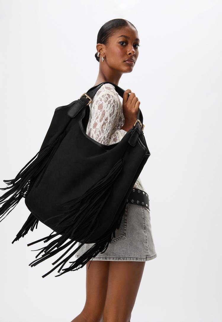 faux suede bag with maxi fringe