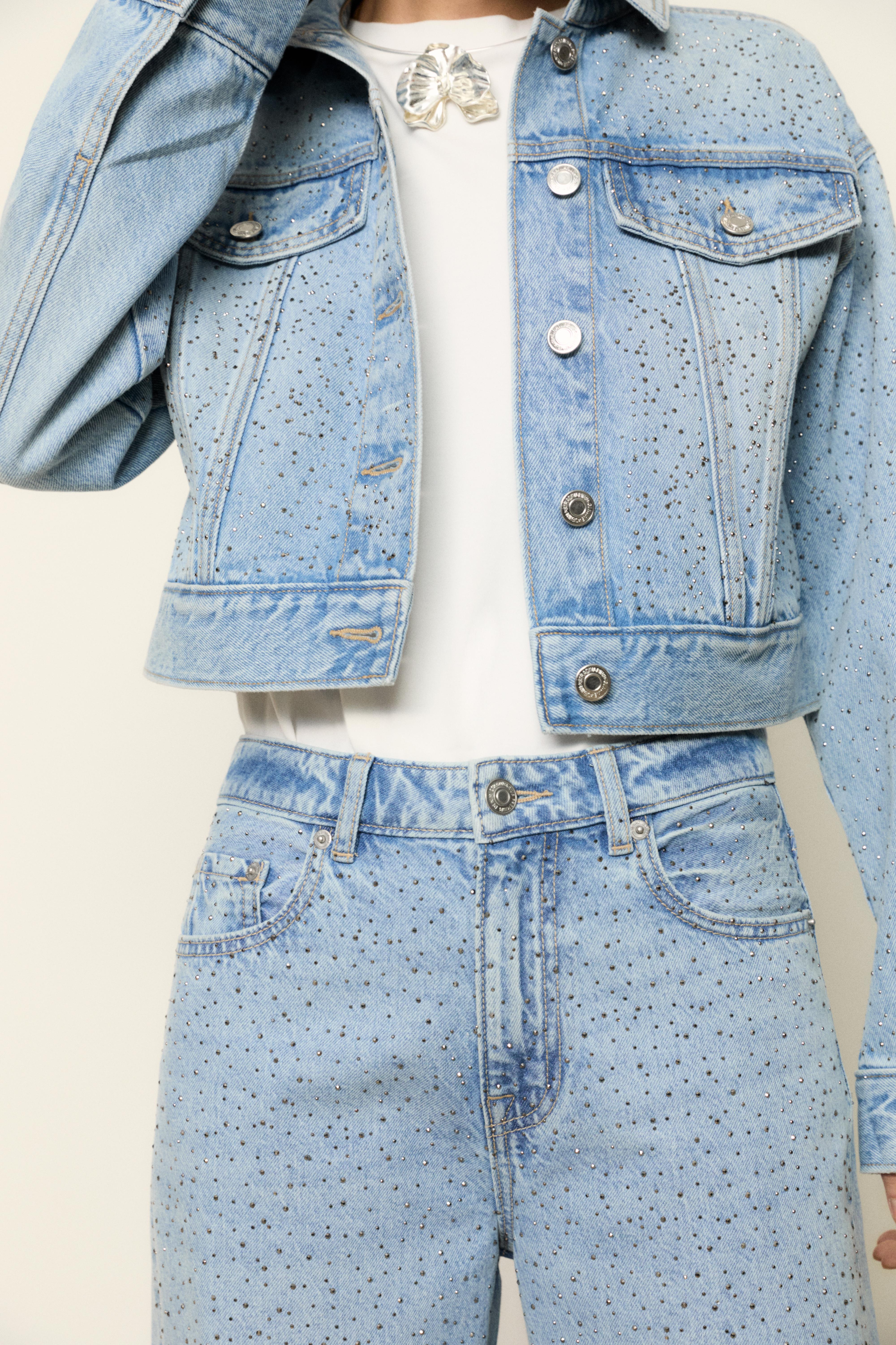 Straight-leg jeans with rhinestones — MEDIUM BLUE DENIM