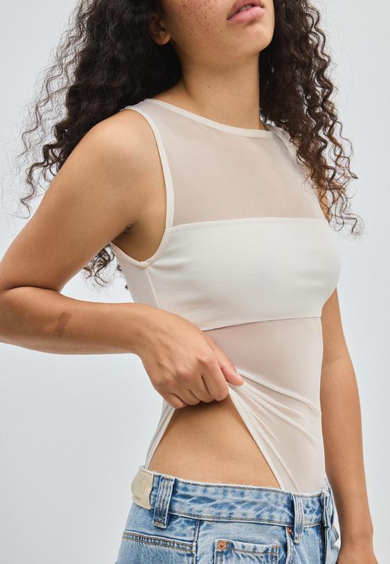 Stradivarius Mouwloze Mesh Body Vanille Xl