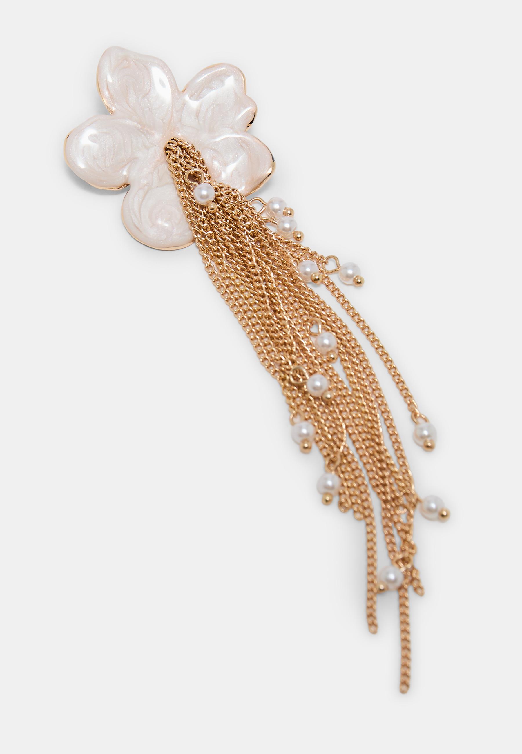 Enamelled flower chain cascade earrings — Ecru