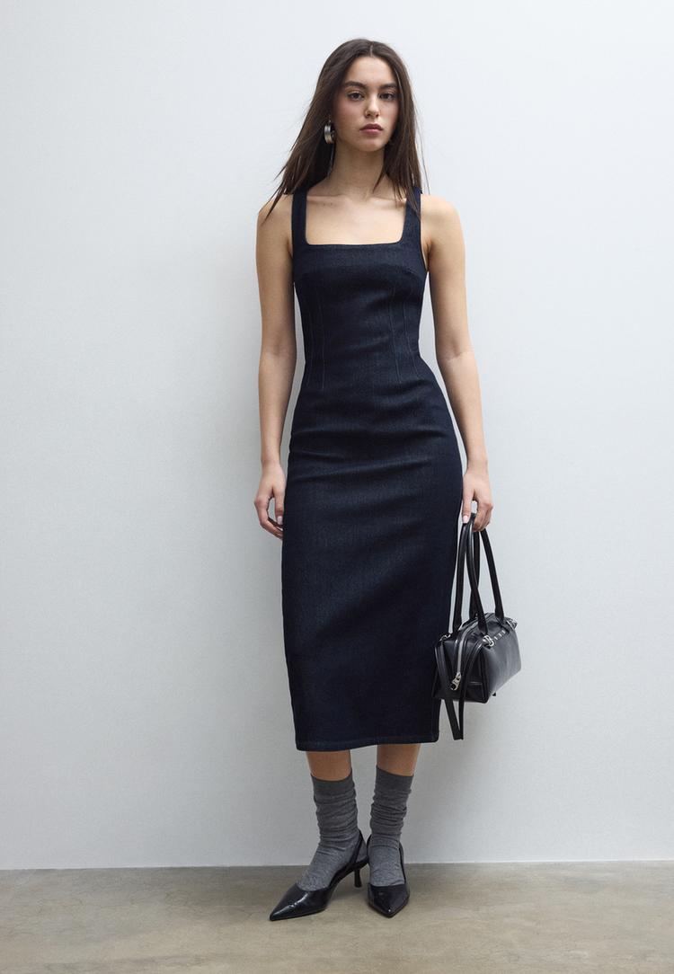 Stradivarius Τζιν Μίντι Φόρεμα Πολύ Σκούρο Μπλε/Αποκολλαρισμένο Xs