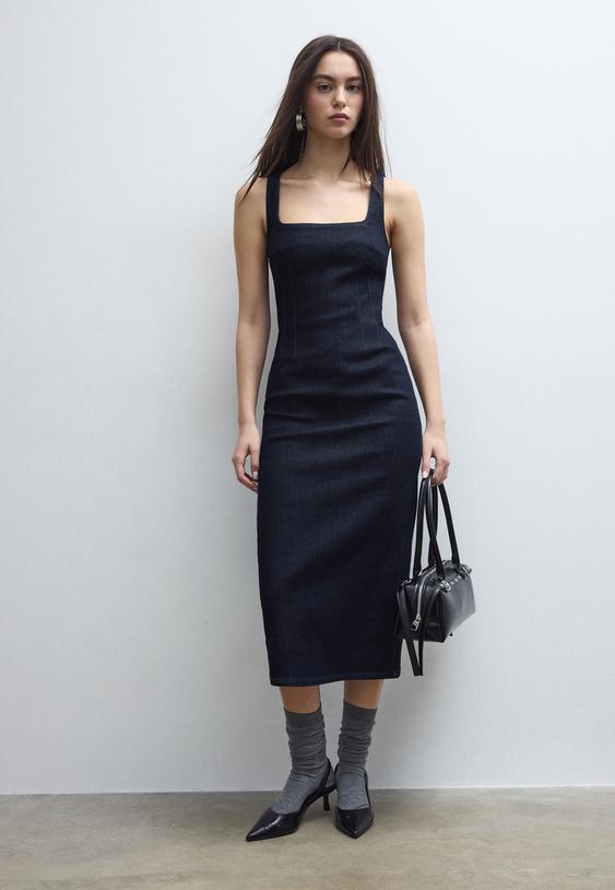 Stradivarius Denim Midi Dress Overdyed Blue Denim Xs