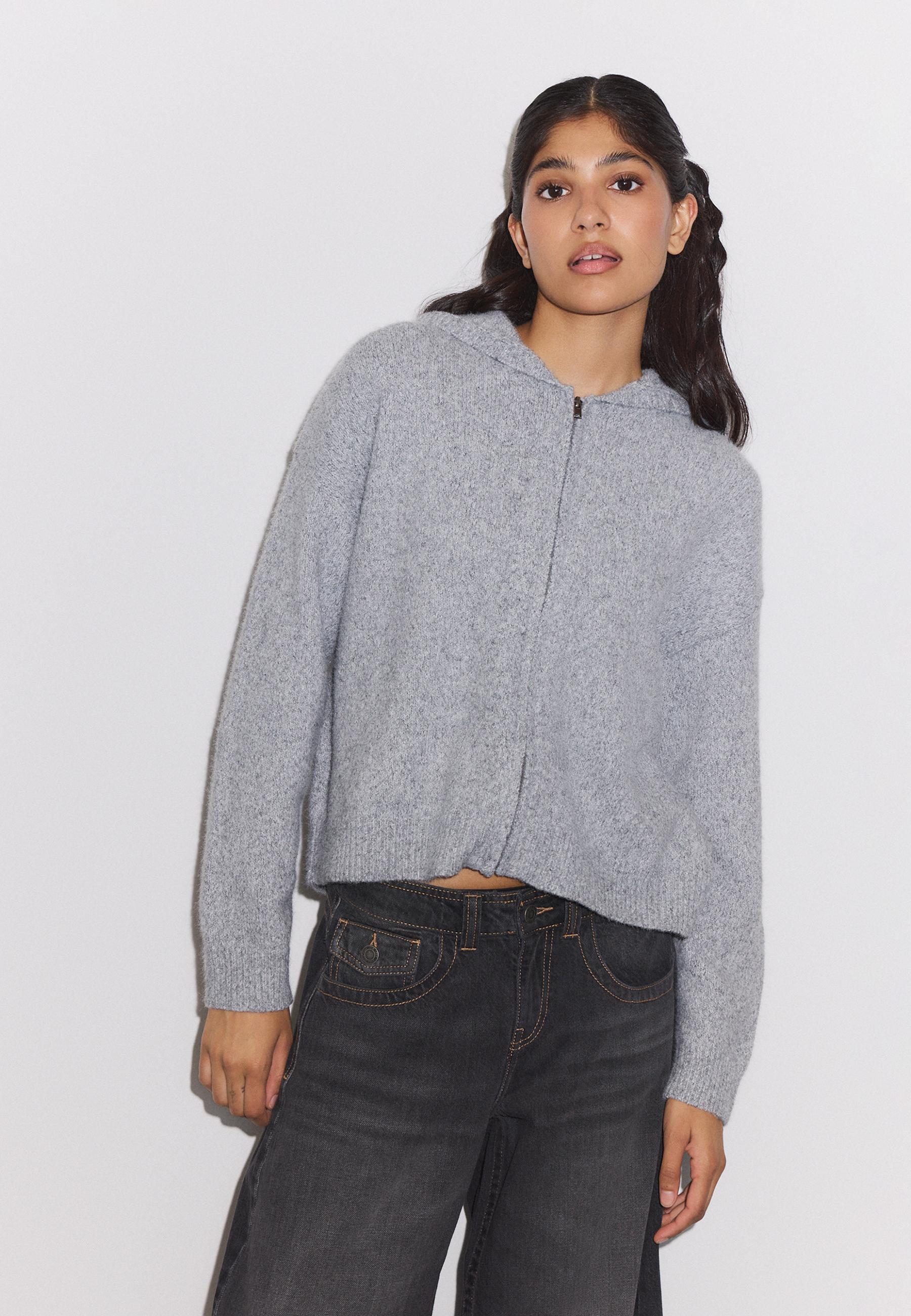 Zipped hooded knit cardigan — Grey melange