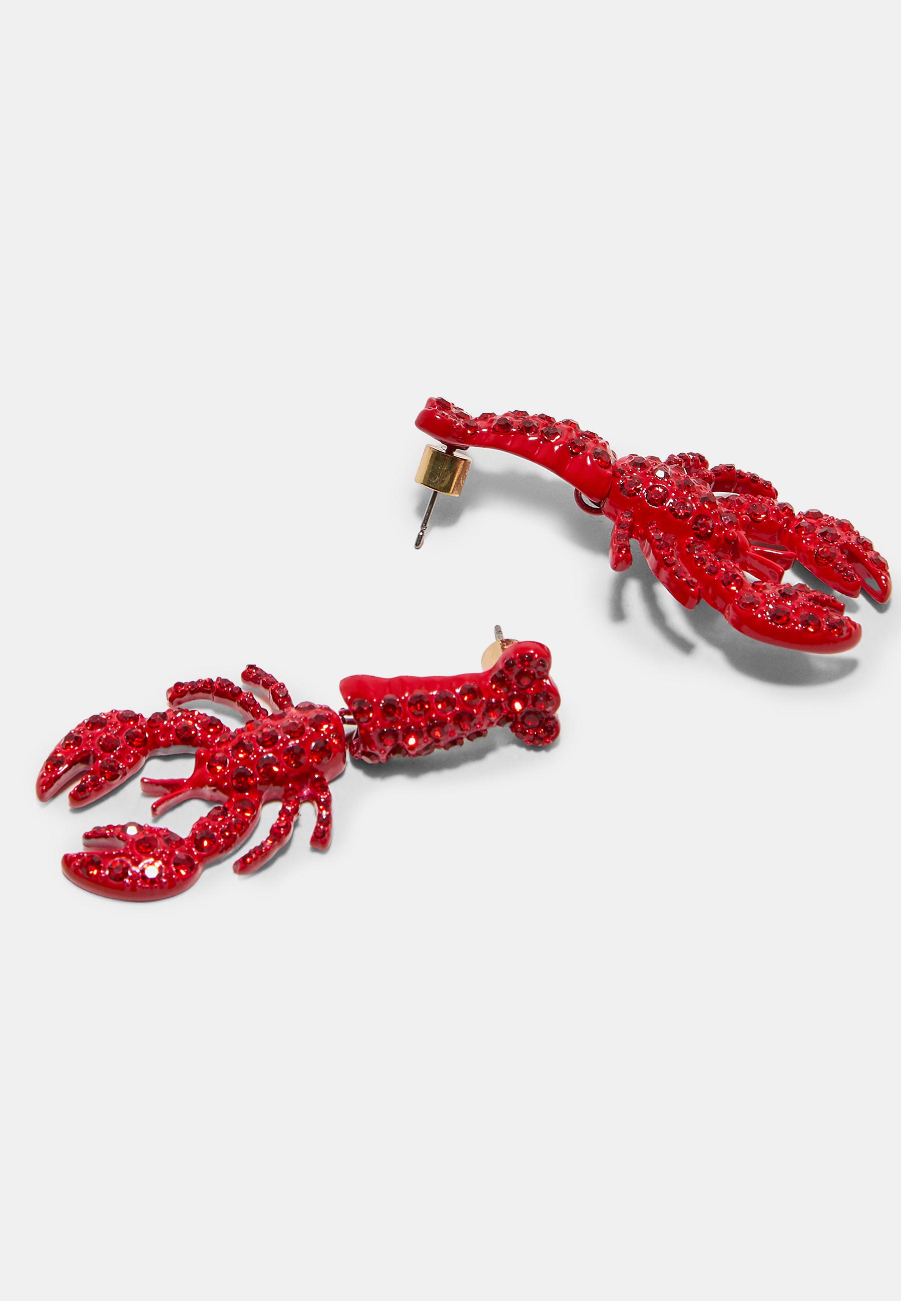 Rhinestone lobster earrings — Red