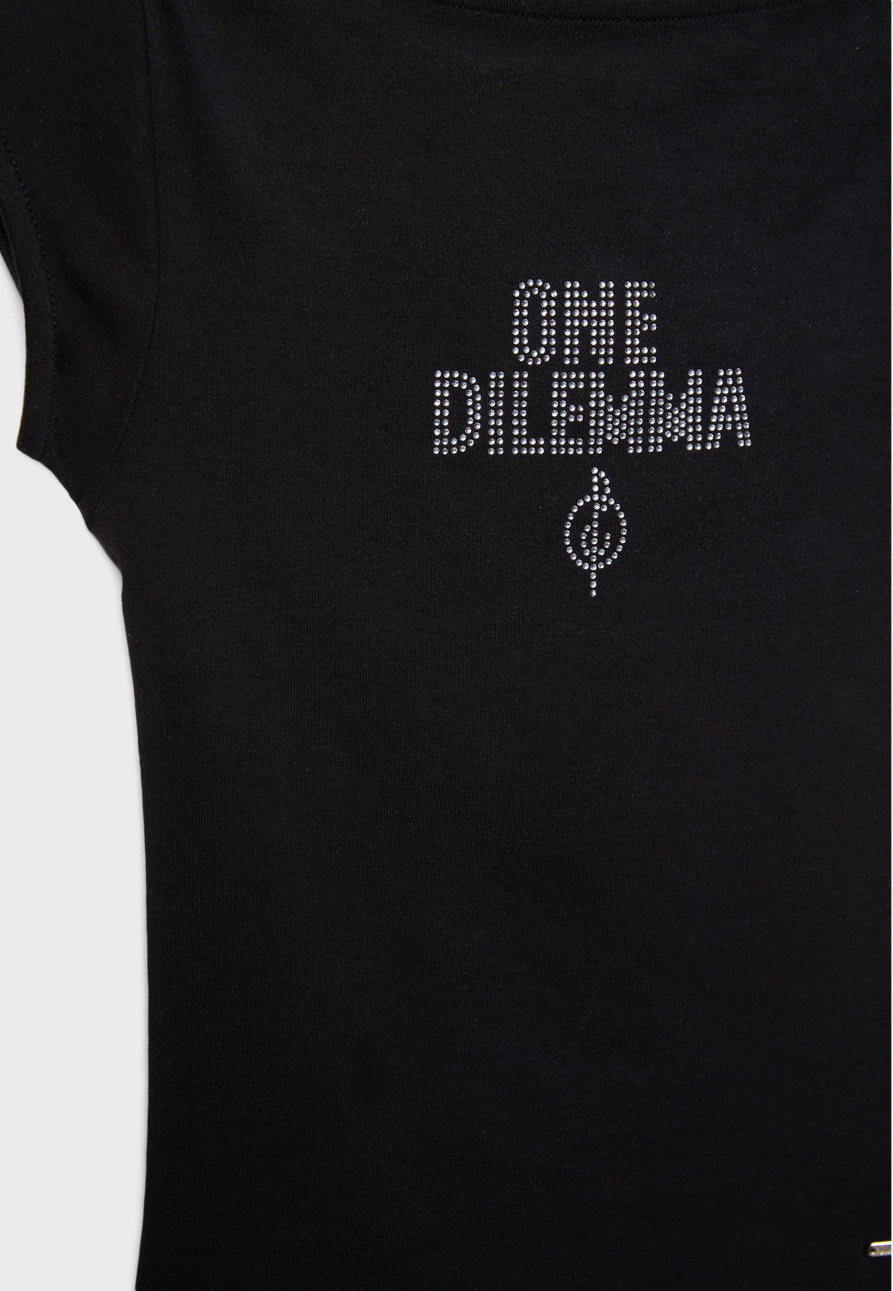 Boat neck short sleeve T-shirt with rhinestones One Dilemma — Black