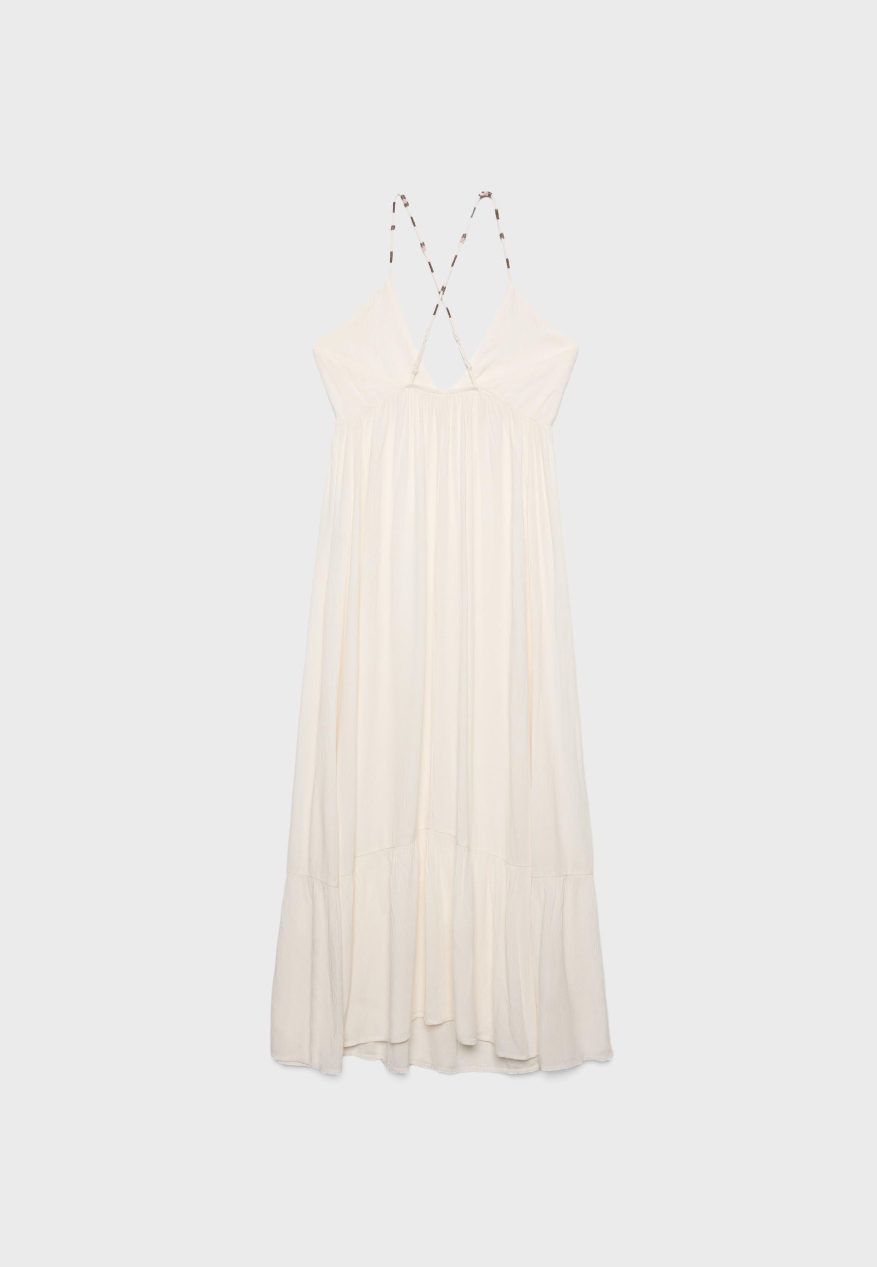 Long crepe dress with beading straps — Vanilla