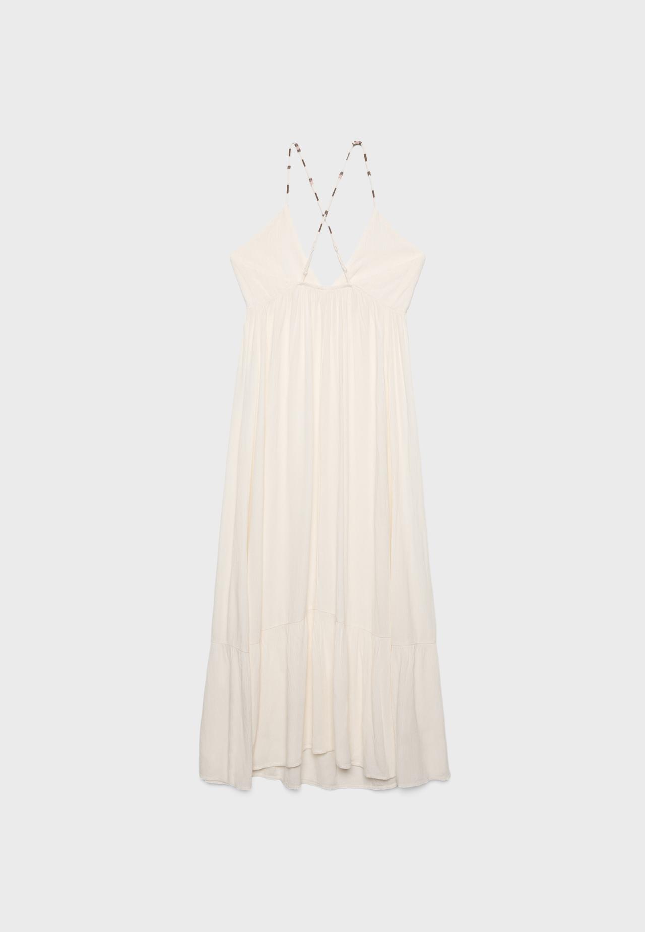 Long crinkle dress with beaded straps — Vanilla