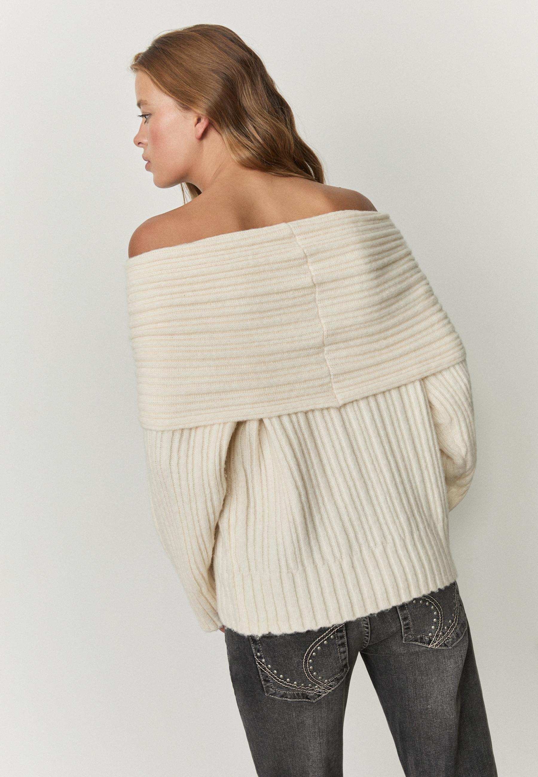 Asymmetric exposed shoulder knit sweater — Ecru