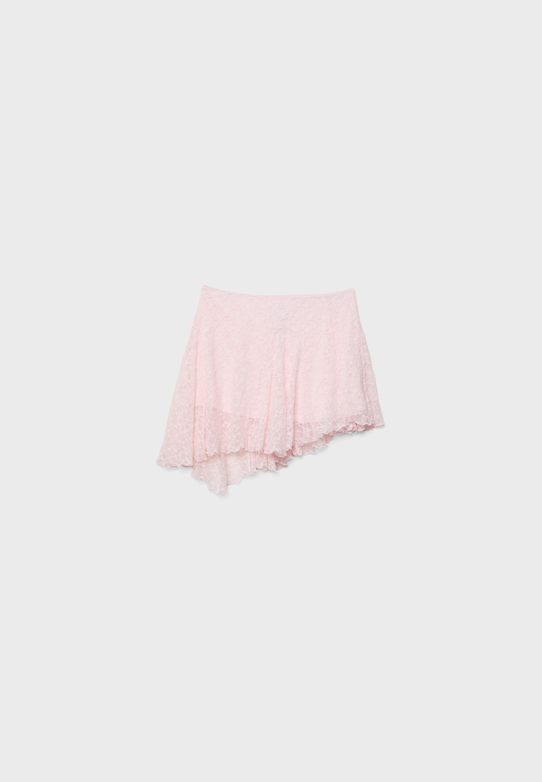 Asymmetric lace mini skirt — Pastel pink