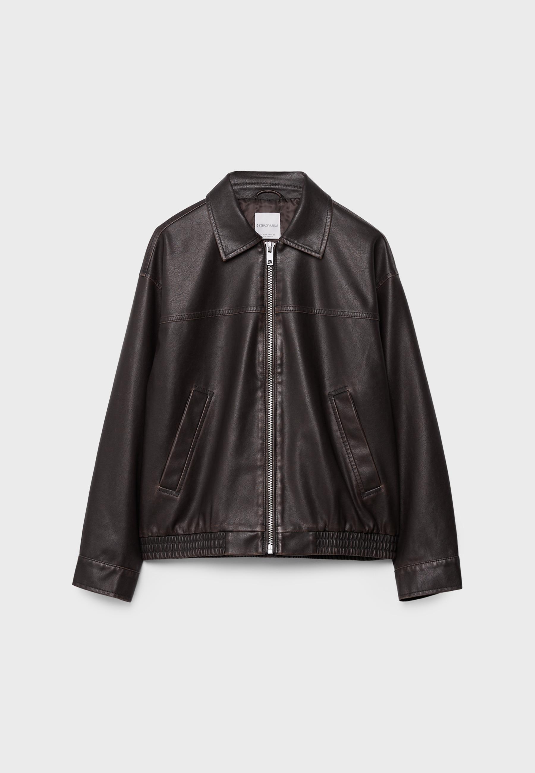 Washed leather effect oversize jacket — Brown
