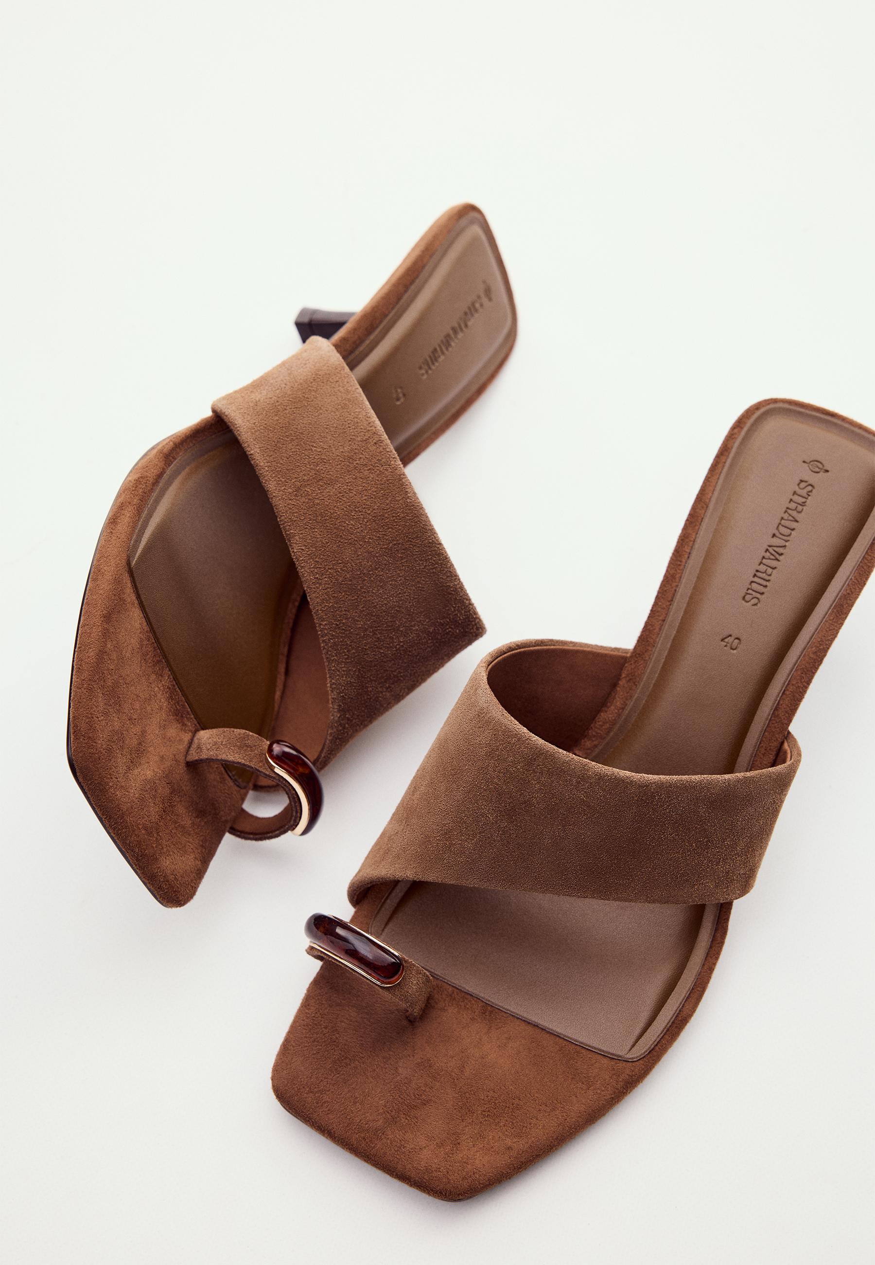 Kitten heel leather sandals — BROWN