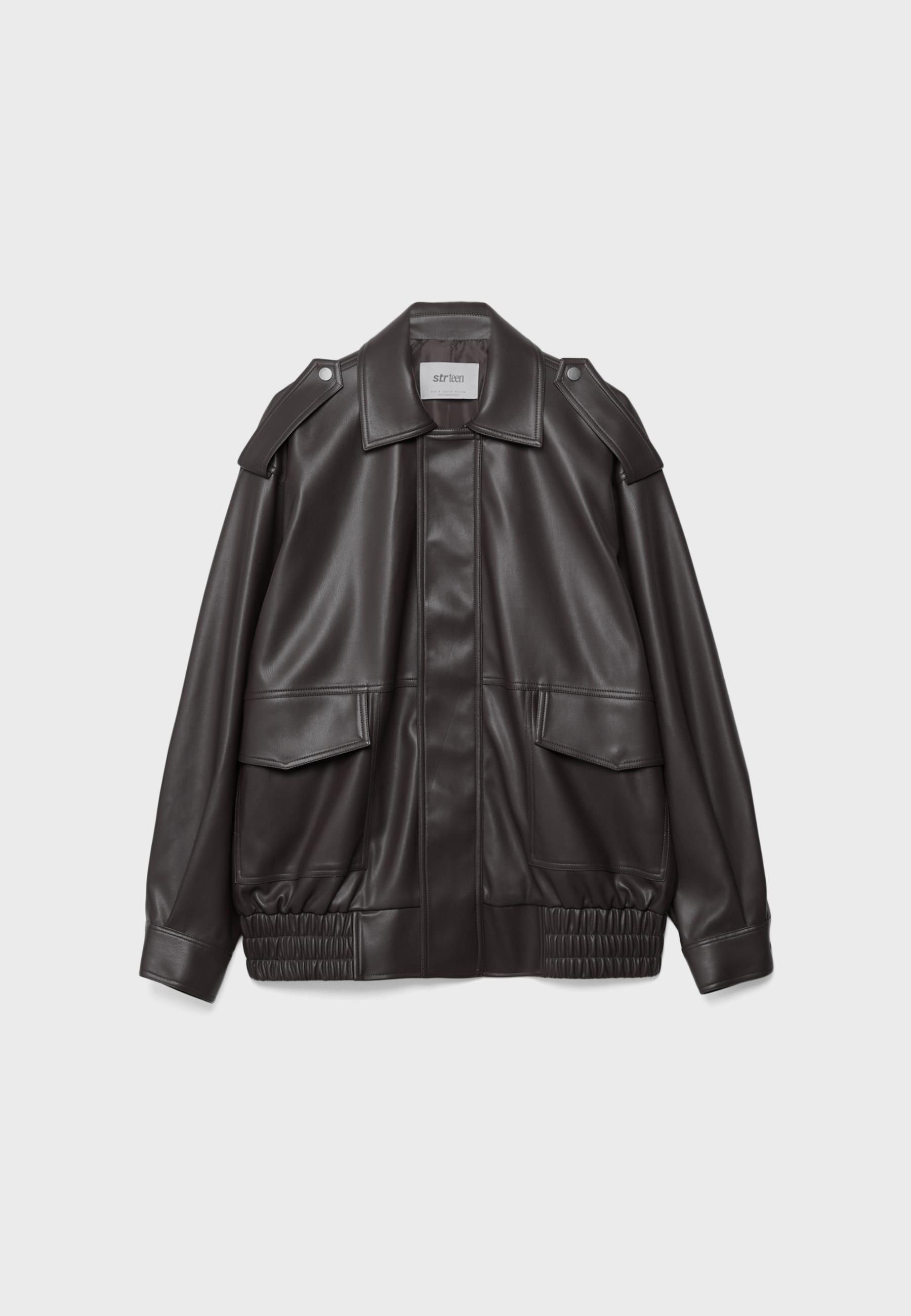 Oversize leather effect biker jacket — Brown