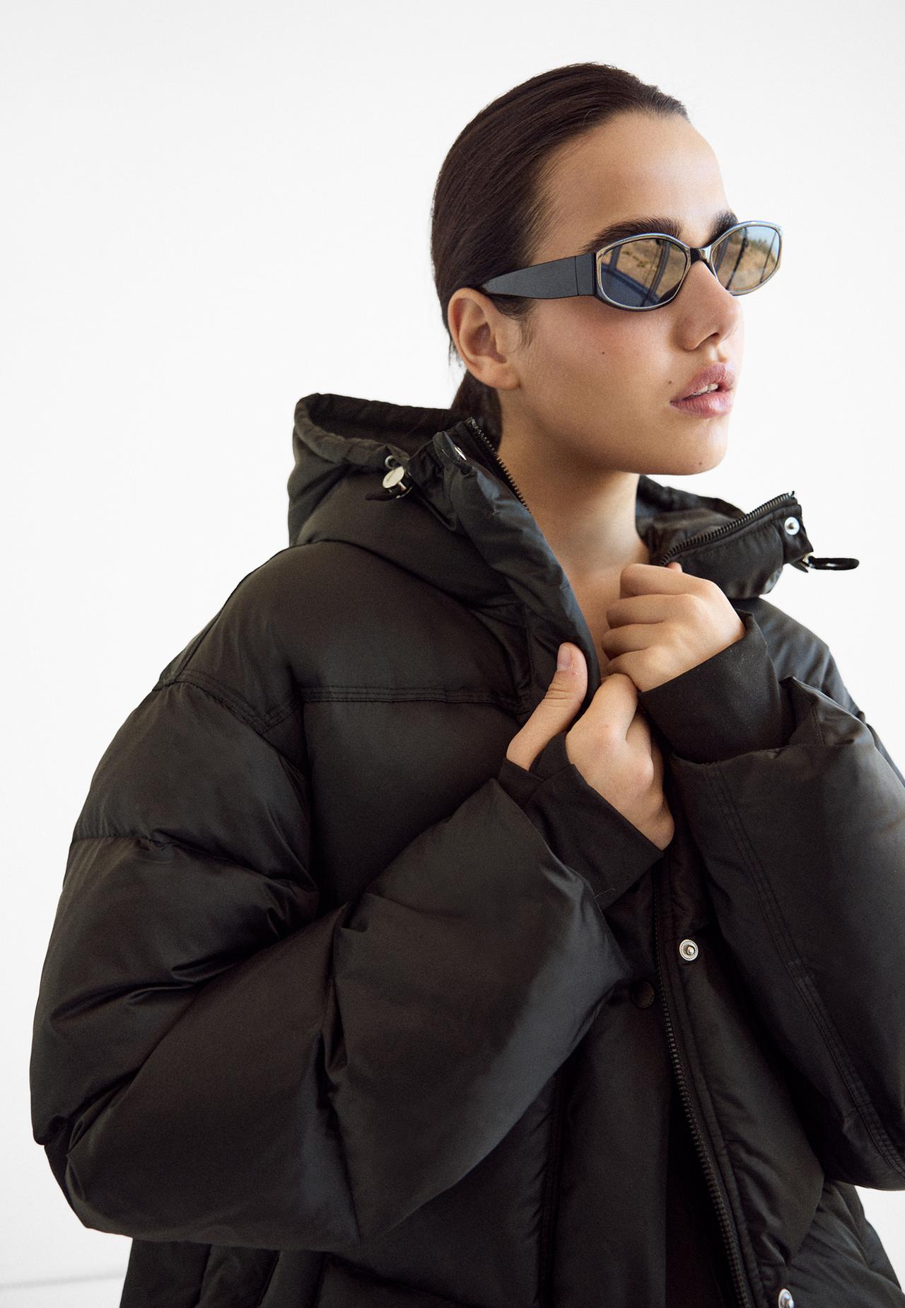 Satin hooded padded puffer jacket — Black