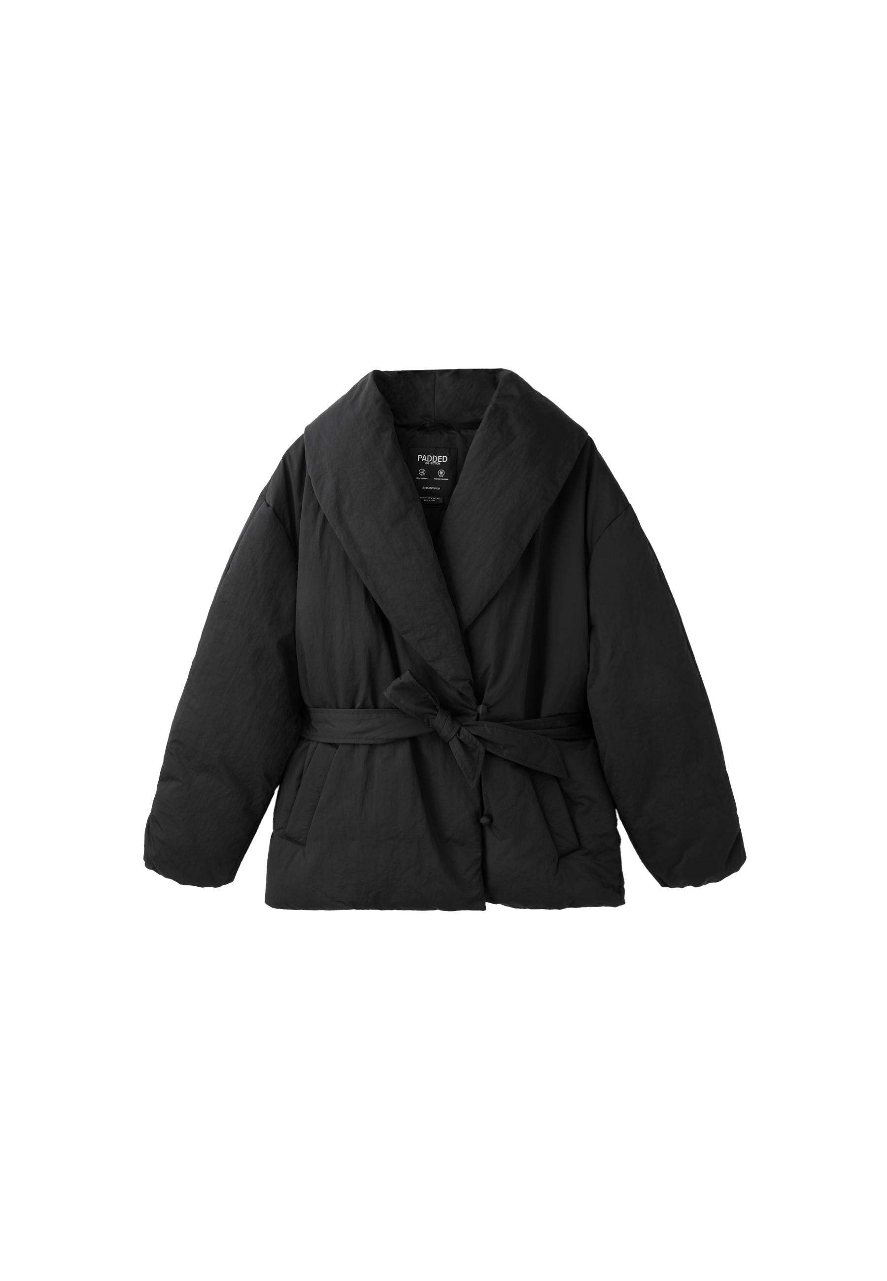 Padded jacket with shawl neck and belt — Black