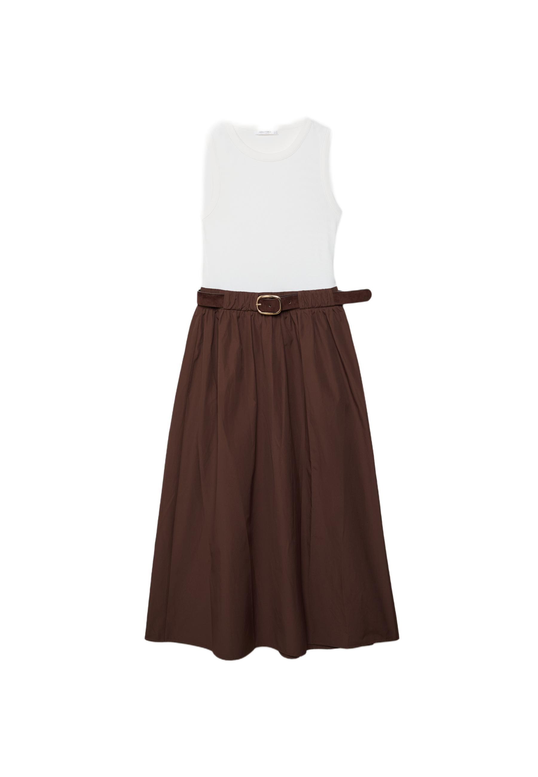 Two-material sleeveless midi dress with belt — Brown