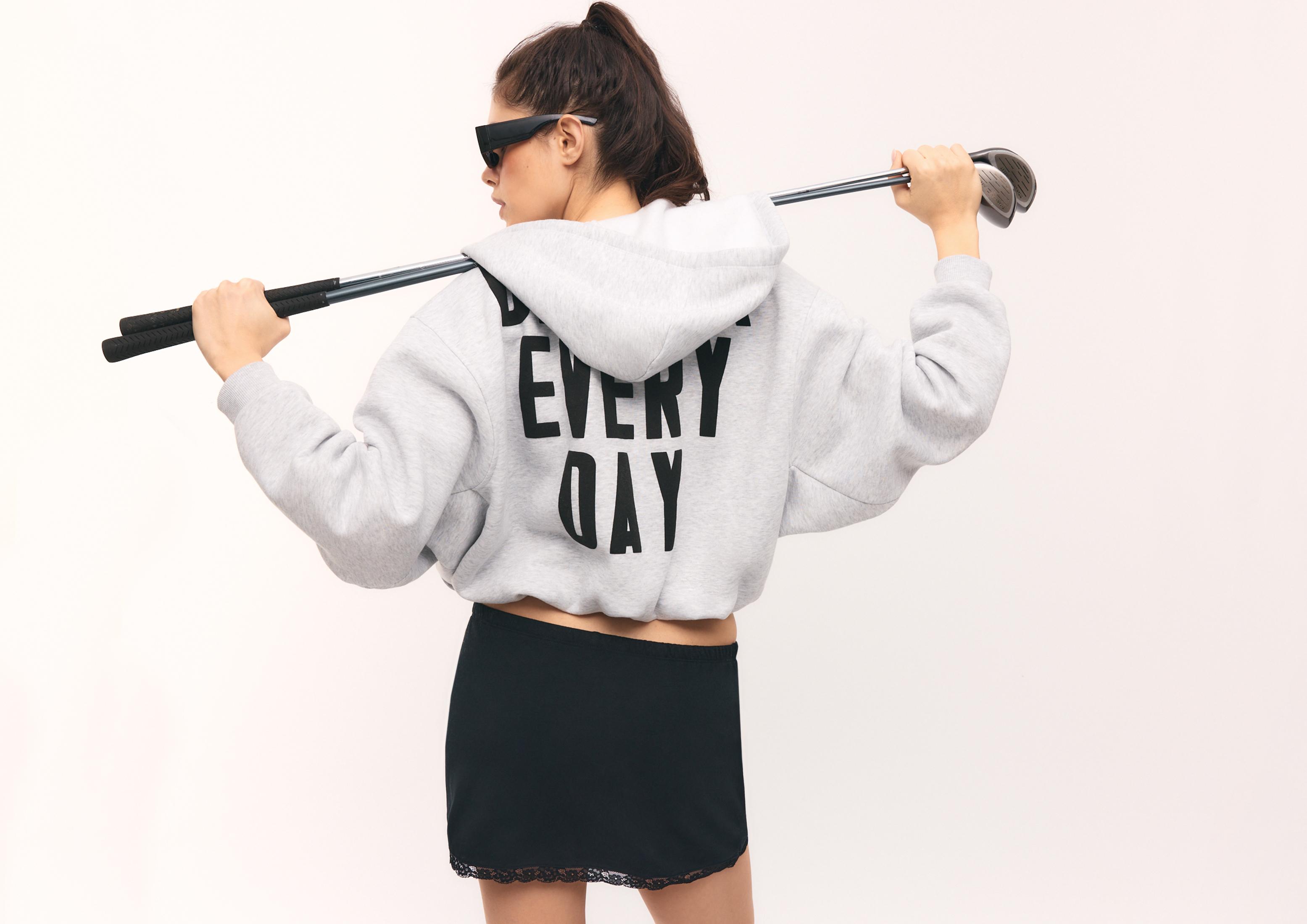 Printed Hooded Bomber Sweatshirt — Grey melange