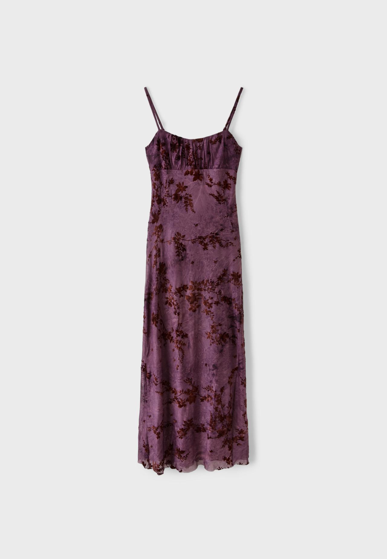 Flocked midi dress with straps — Purple
