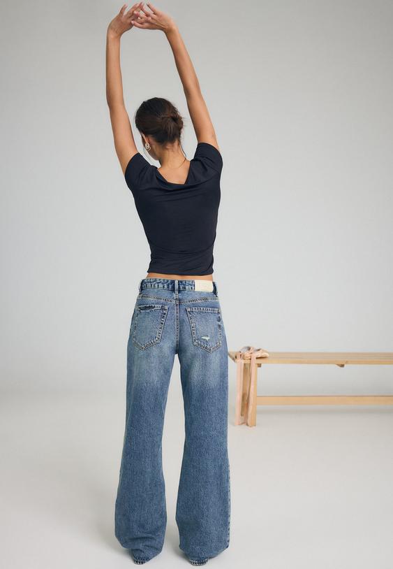 Stradivarius D92 Recht Model Jeans Met Wijde Pijpen Overgeverfde Denim Wassing 36