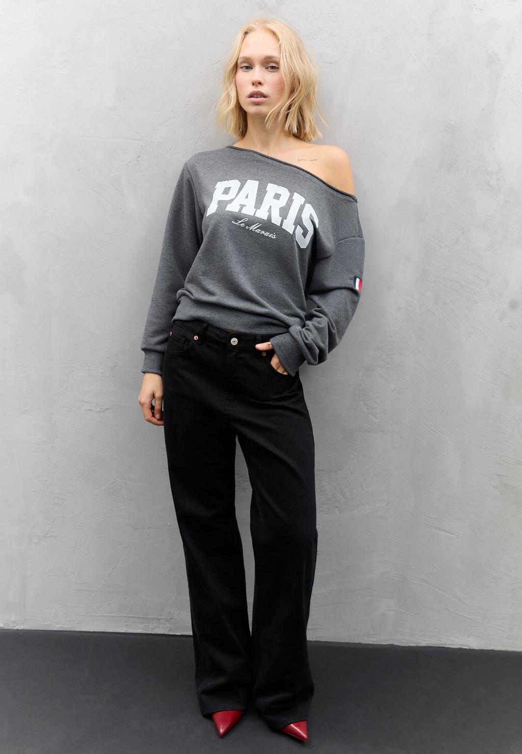 Omuz Dekolteli Grafik Desenli Sweatshirt