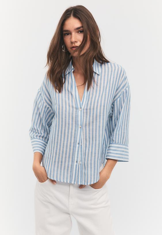 Stradivarius Chemise Manches Kimono Effet Lin Marine S