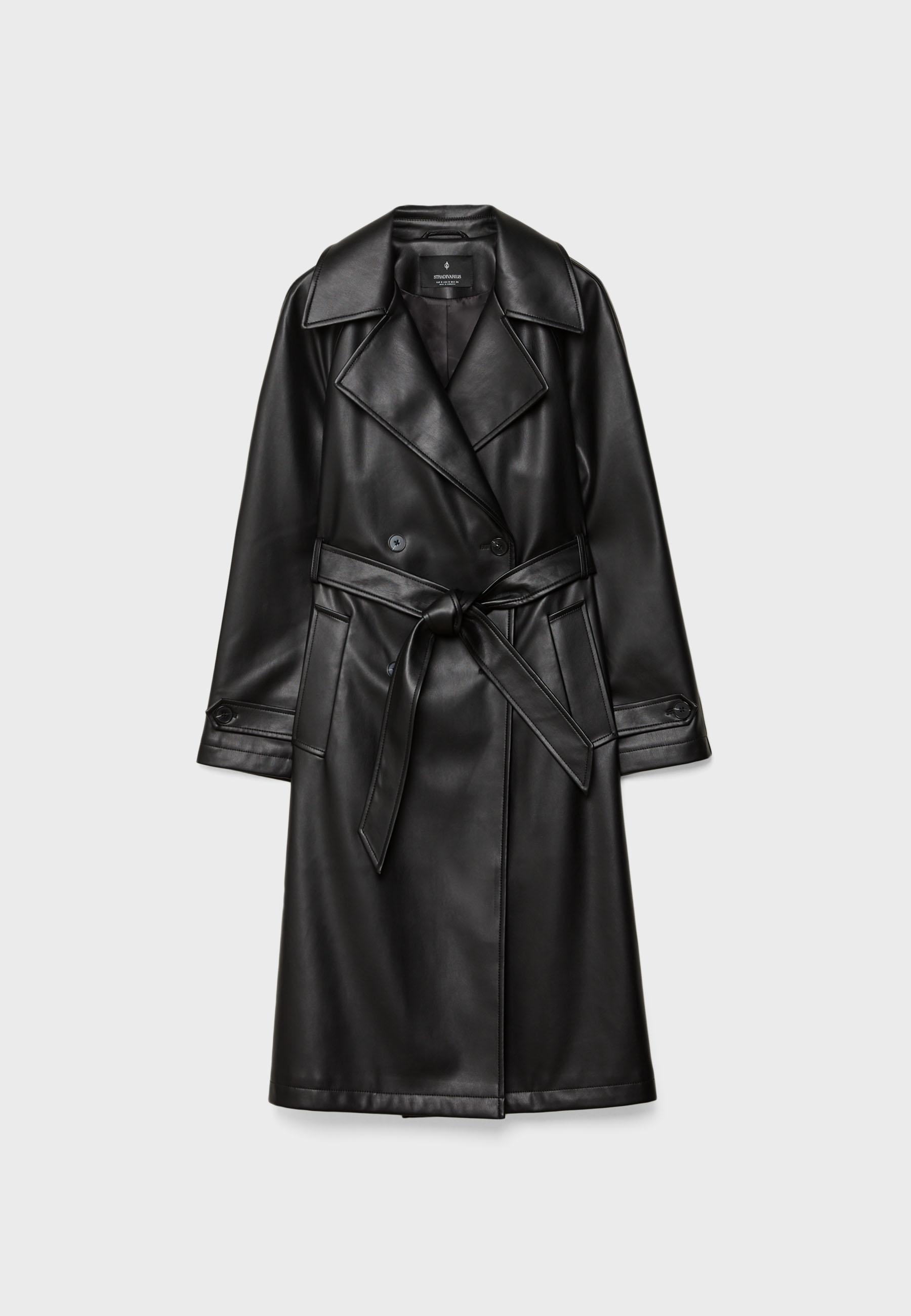 Long faux leather trench coat — Black