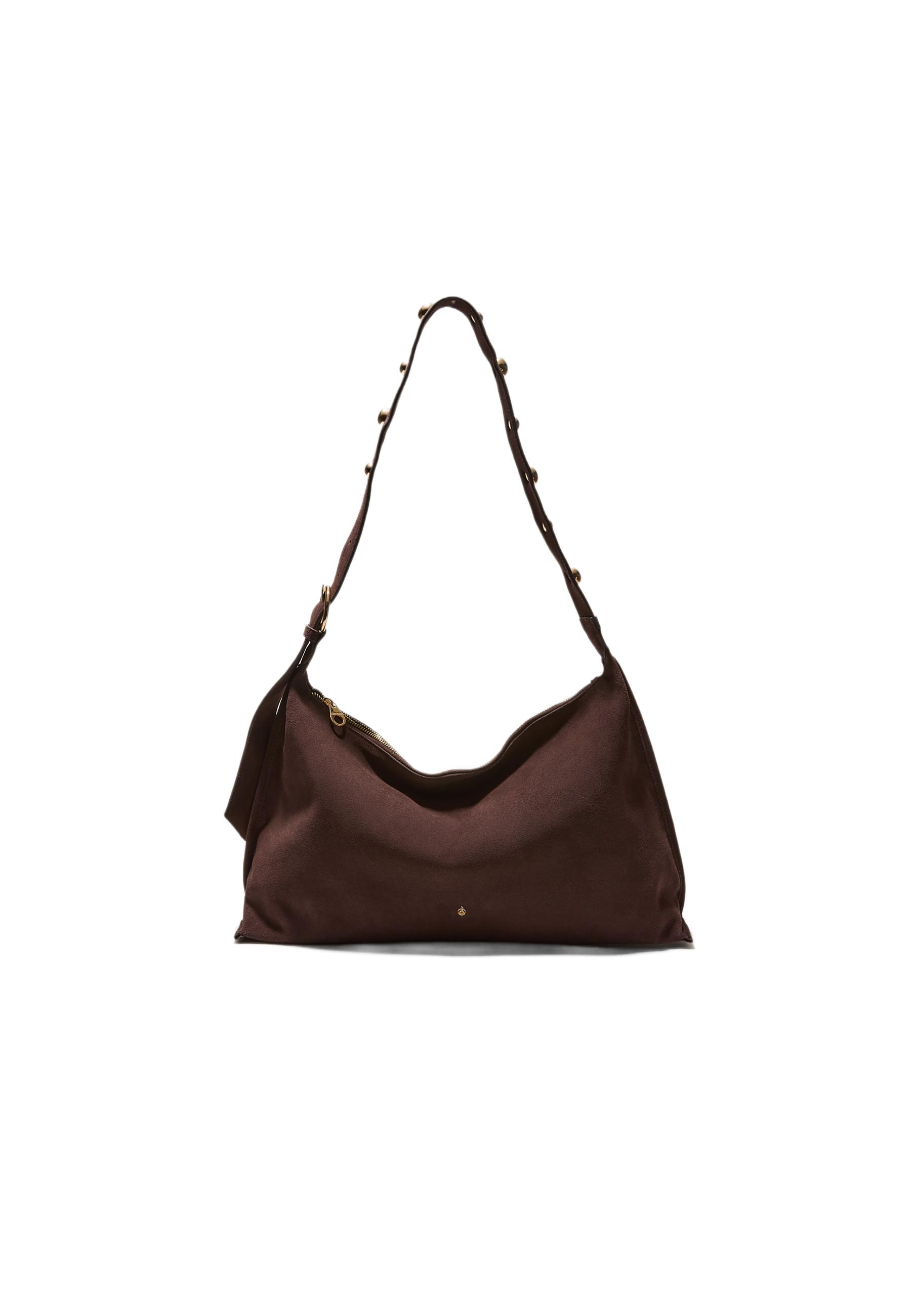 Studded flat shoulder bag, 100% leather — Brown