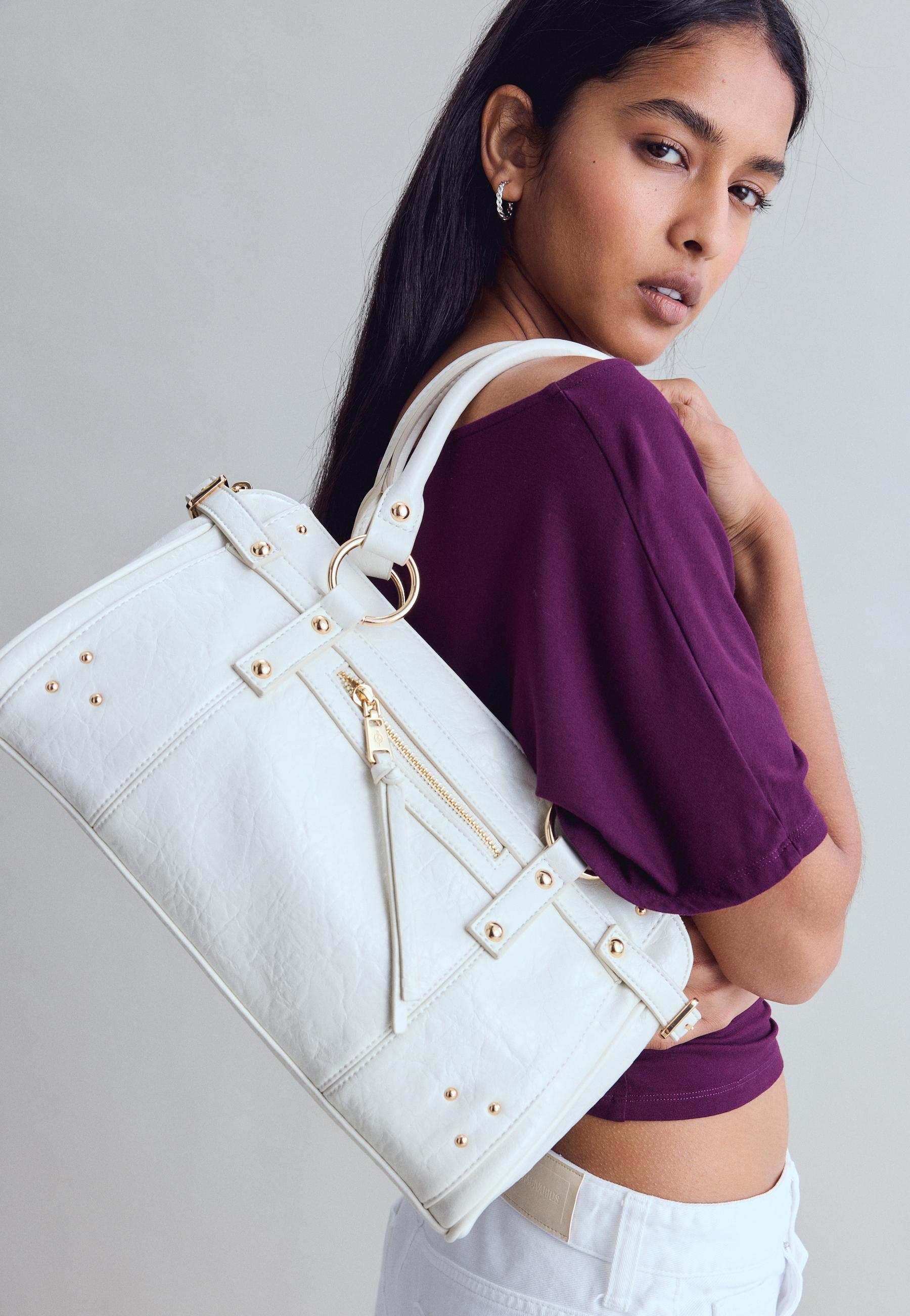 Studded shoulder bag with pocket — Ecru
