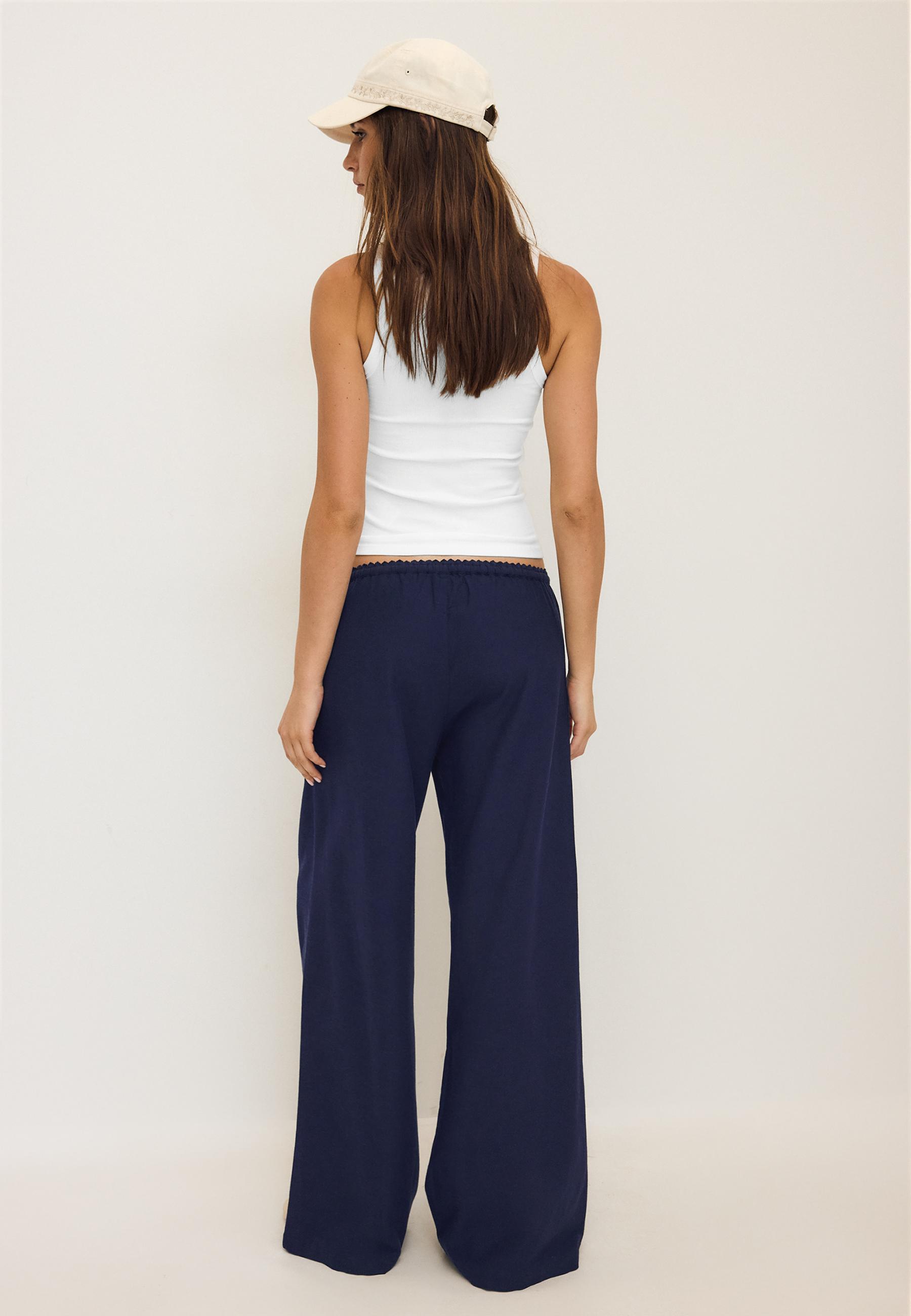 Wide-leg linen-effect trousers — Dark blue