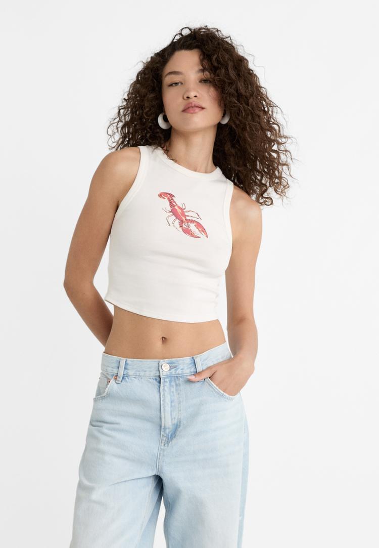 Stradivarius Μπλούζα Racer Με Τύπωμα Αστακού Λευκό Xs