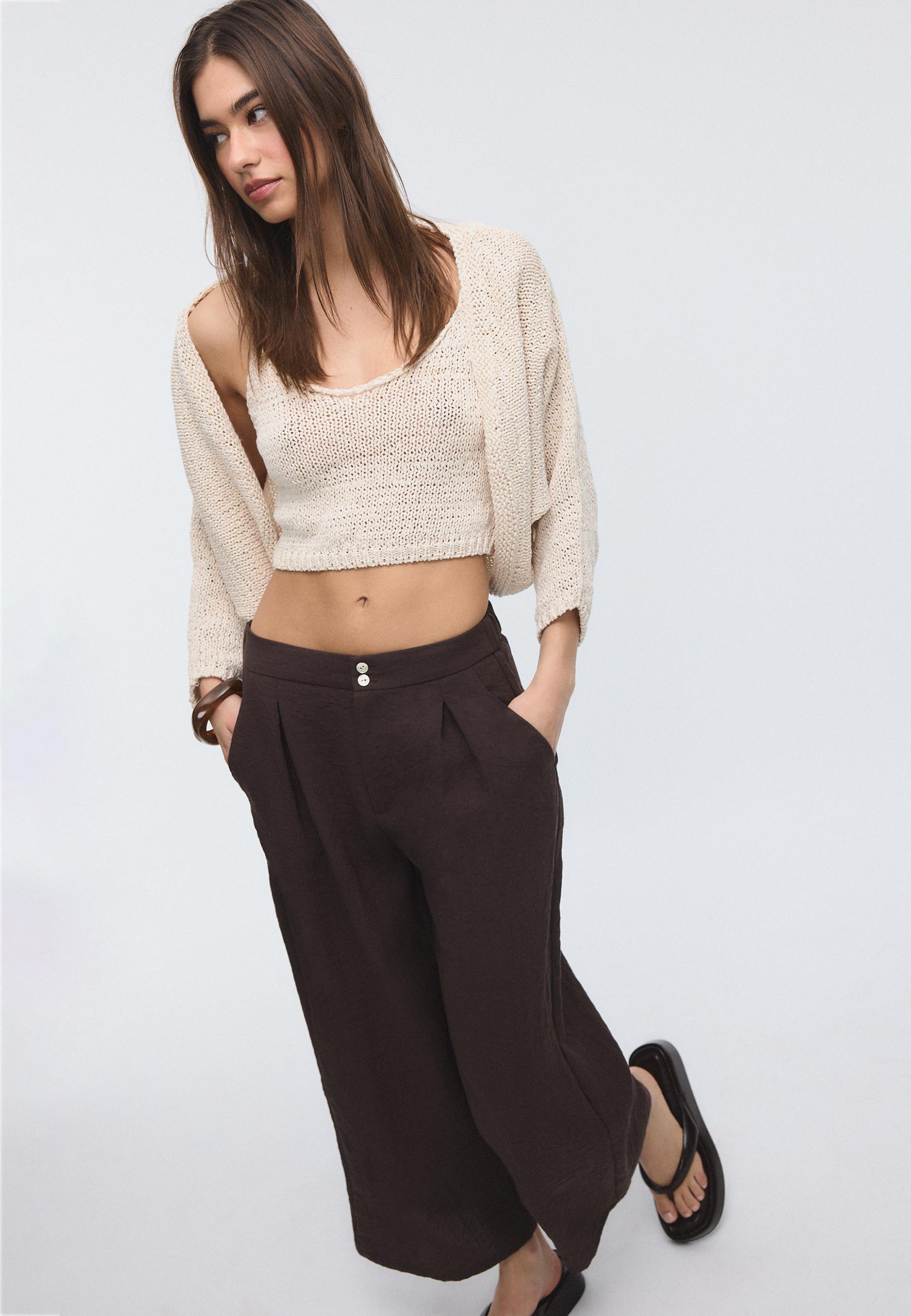Keten görünümlü culotte pantolon - Görsel 3