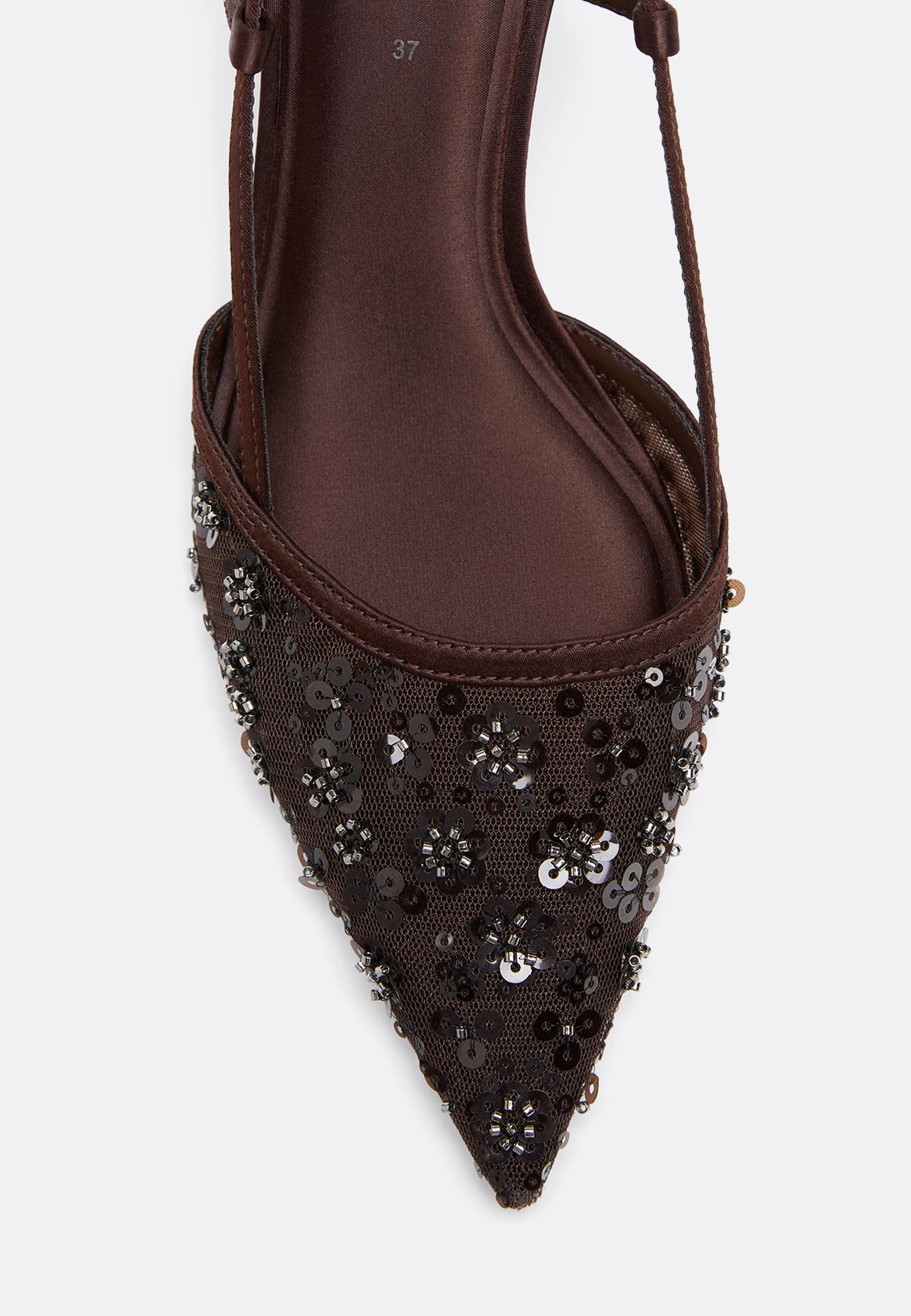 Mesh rhinestone kitten heel shoes — BROWN