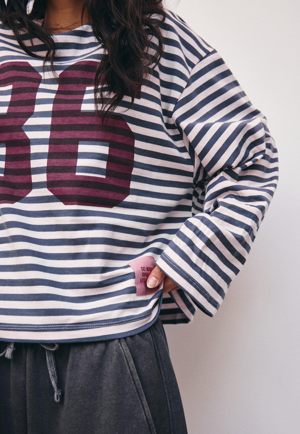 Striped long sleeve print T-shirt — Dark grey