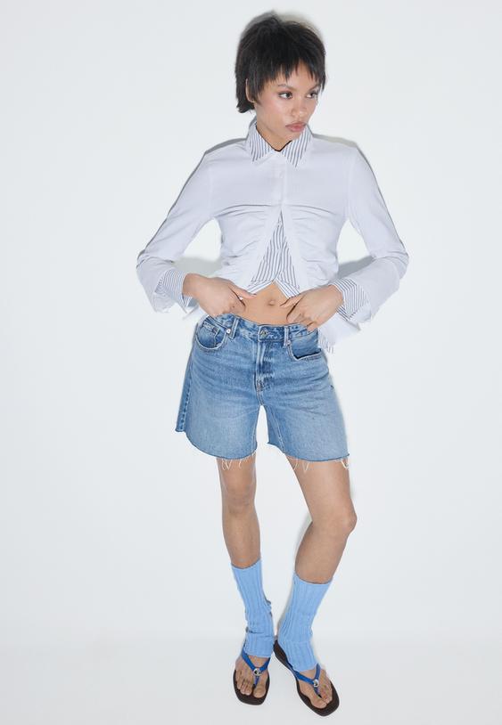 Stradivarius D93 Short En Jean Longline Denim Bleu Moyen Délavé 44