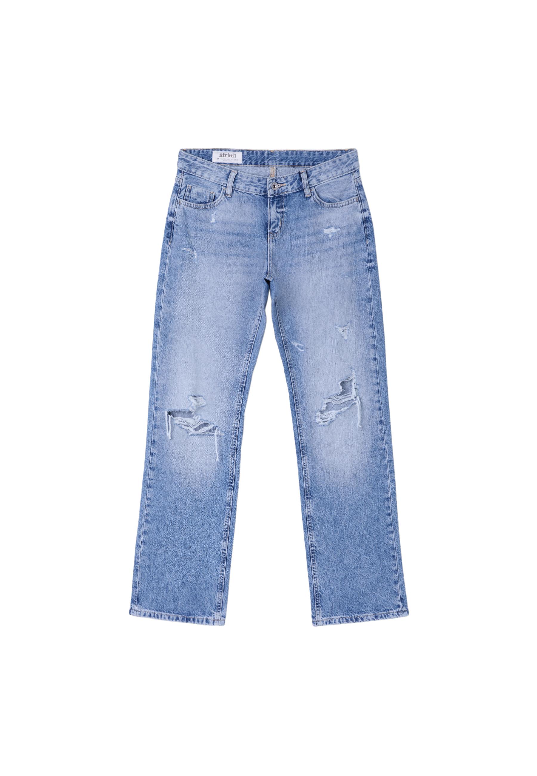Low-rise ripped straight jeans — MEDIUM LIGHT BLUE DENIM