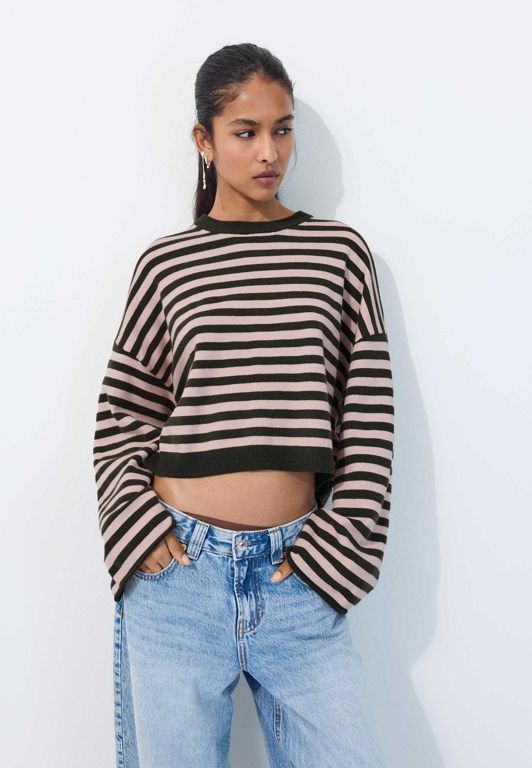 Wide sleeve cropped knit jumper — Khaki