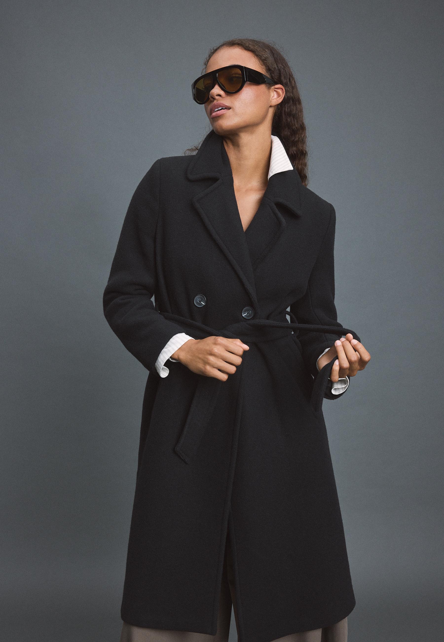 Felt texture coat with belt — Black