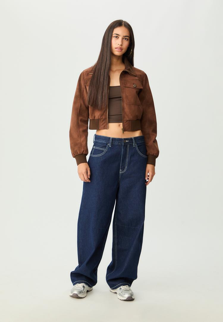 Stradivarius Kort Jacka Skinneffekt Fickor Xs