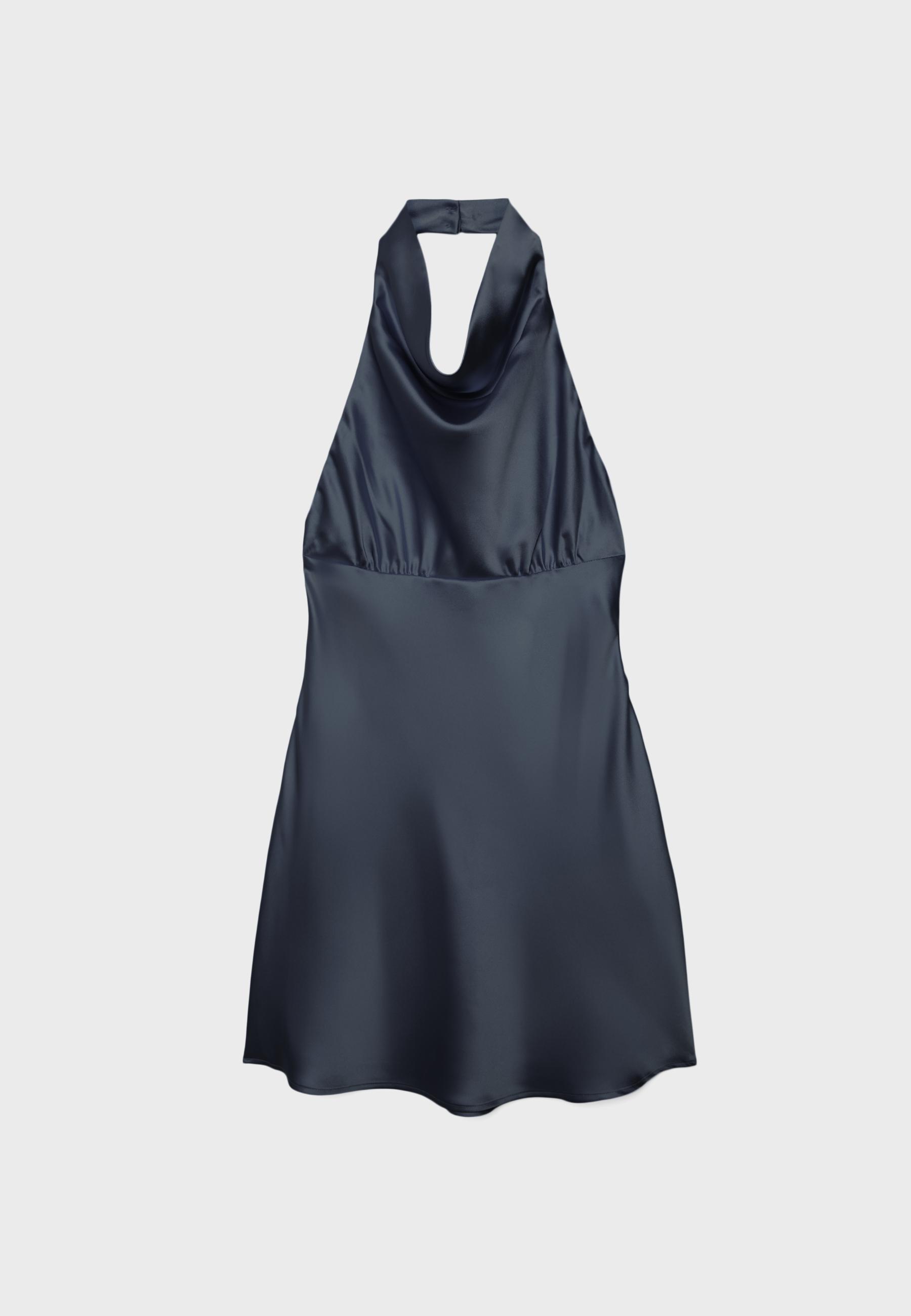 Short satin halterneck dress — Dark blue