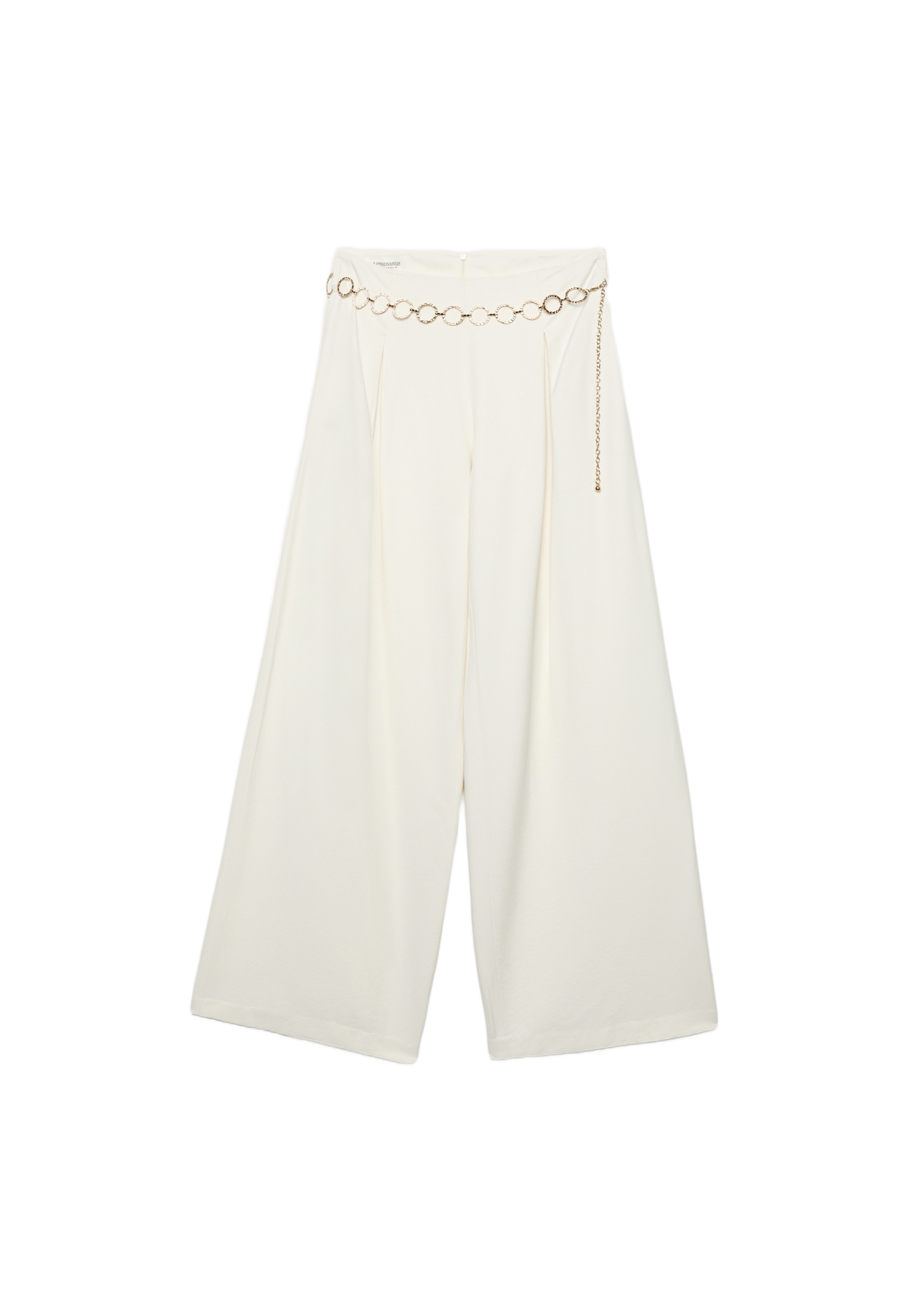 Saten yüzeyli zincir detaylı pensli pantolon