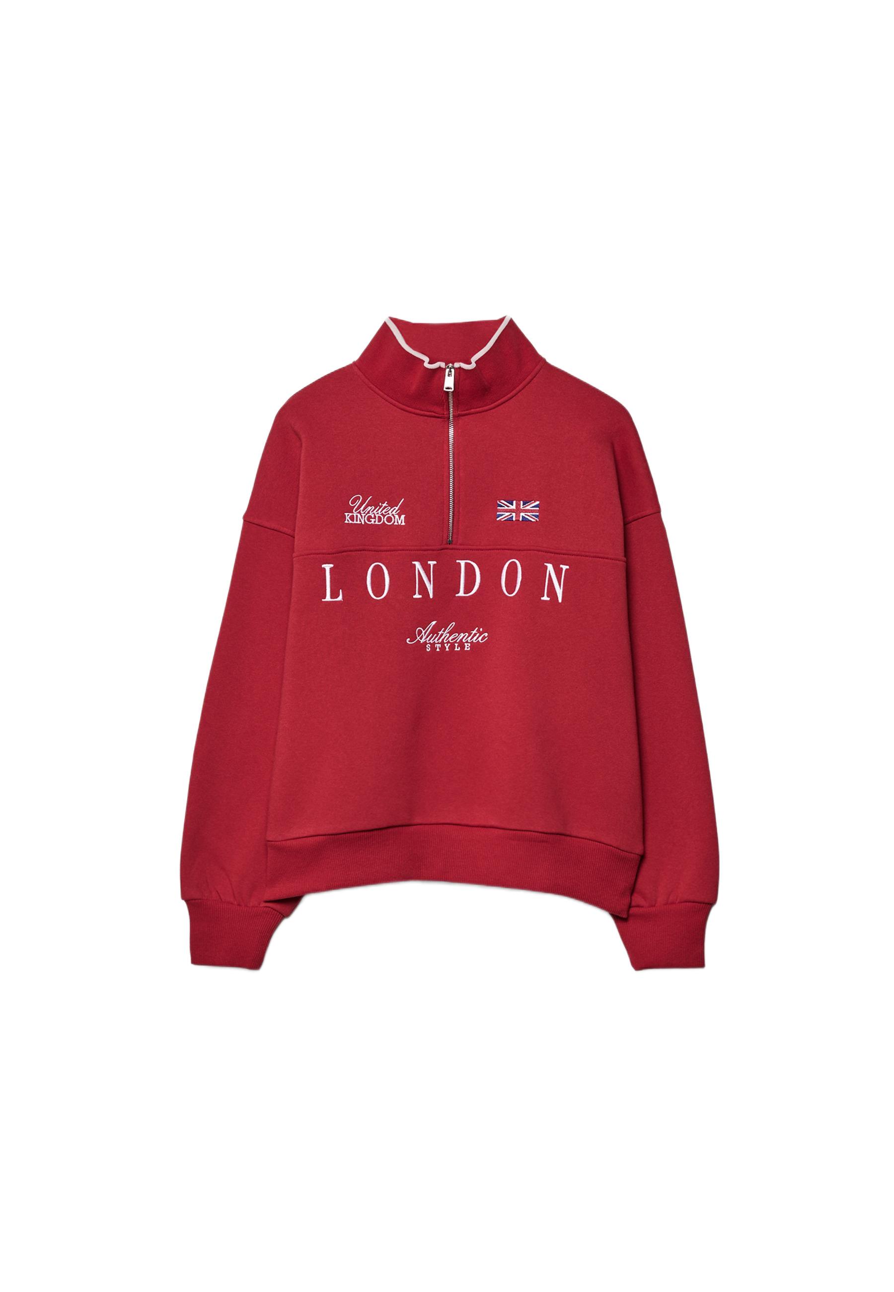Embroidered Zip-Up Sweatshirt — Red