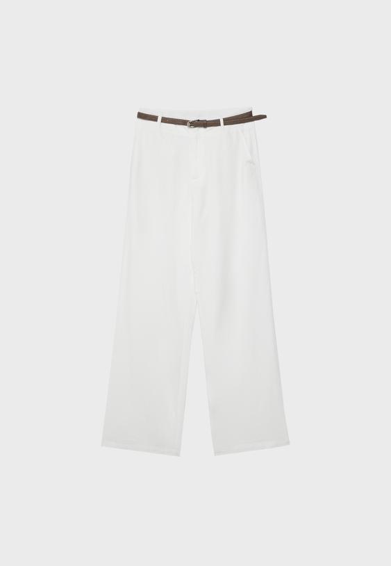 Kemerli, keten görünümlü düz paça pantolon - Görsel 12