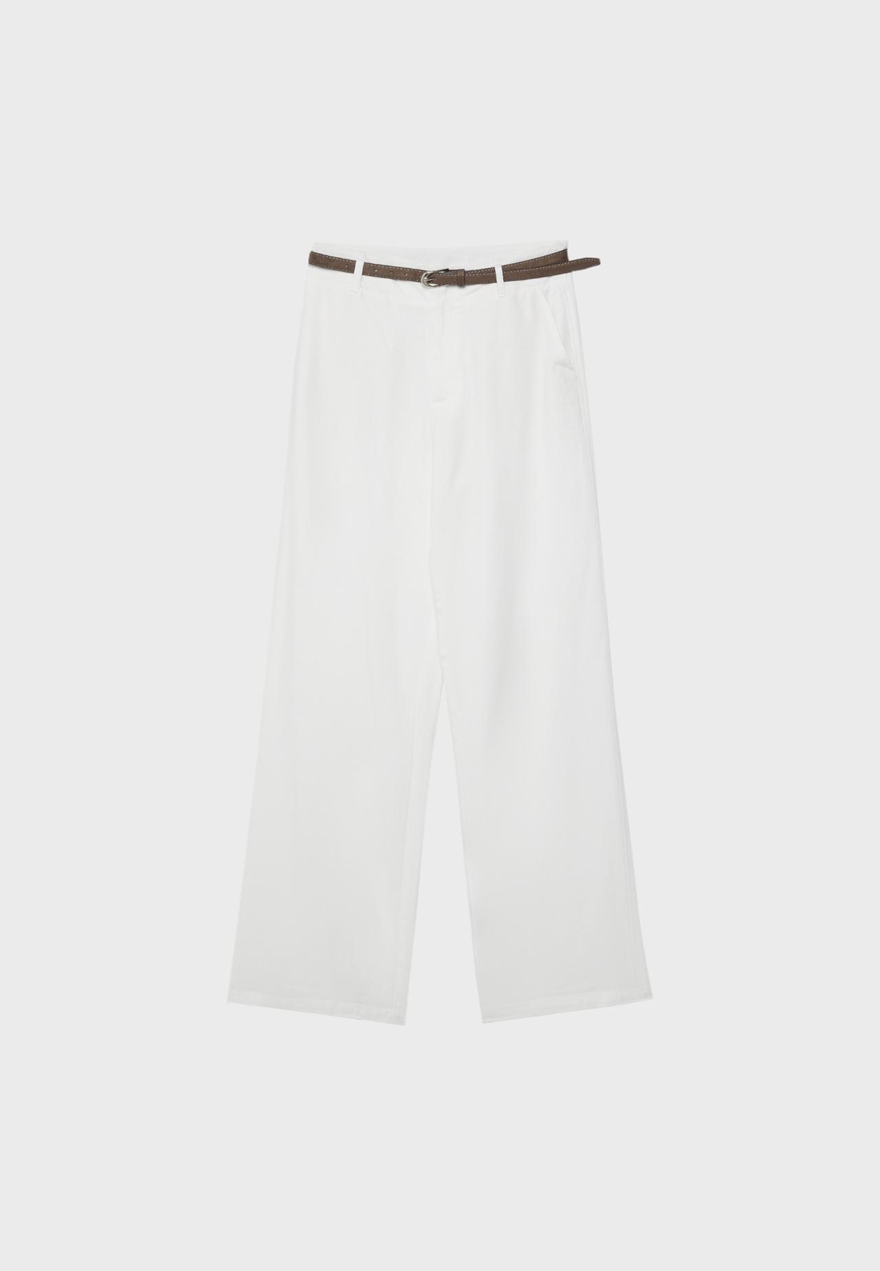 Straight-leg linen-effect trousers with belt — Ecru