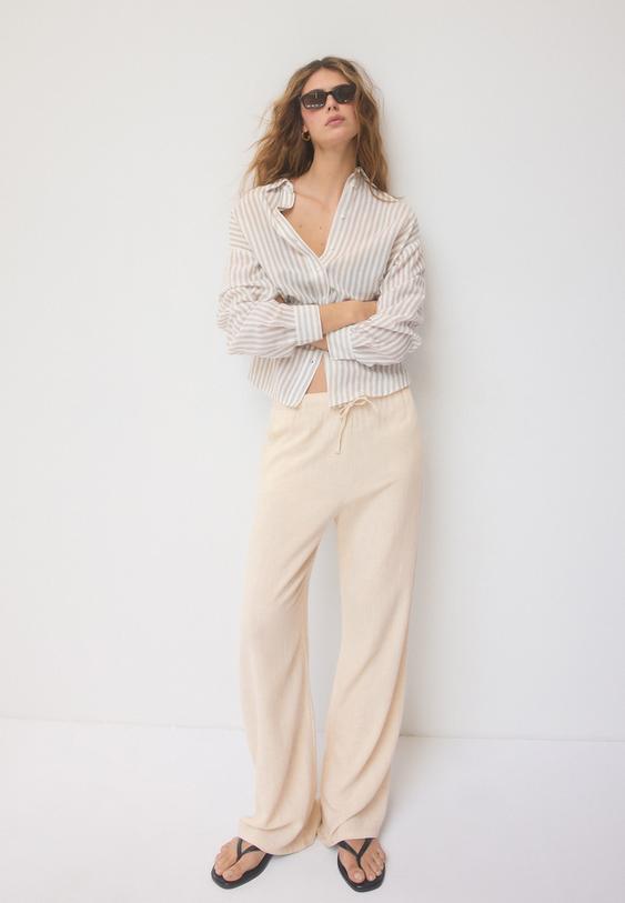 Keten görünümlü dökümlü pantolon - Görsel 2