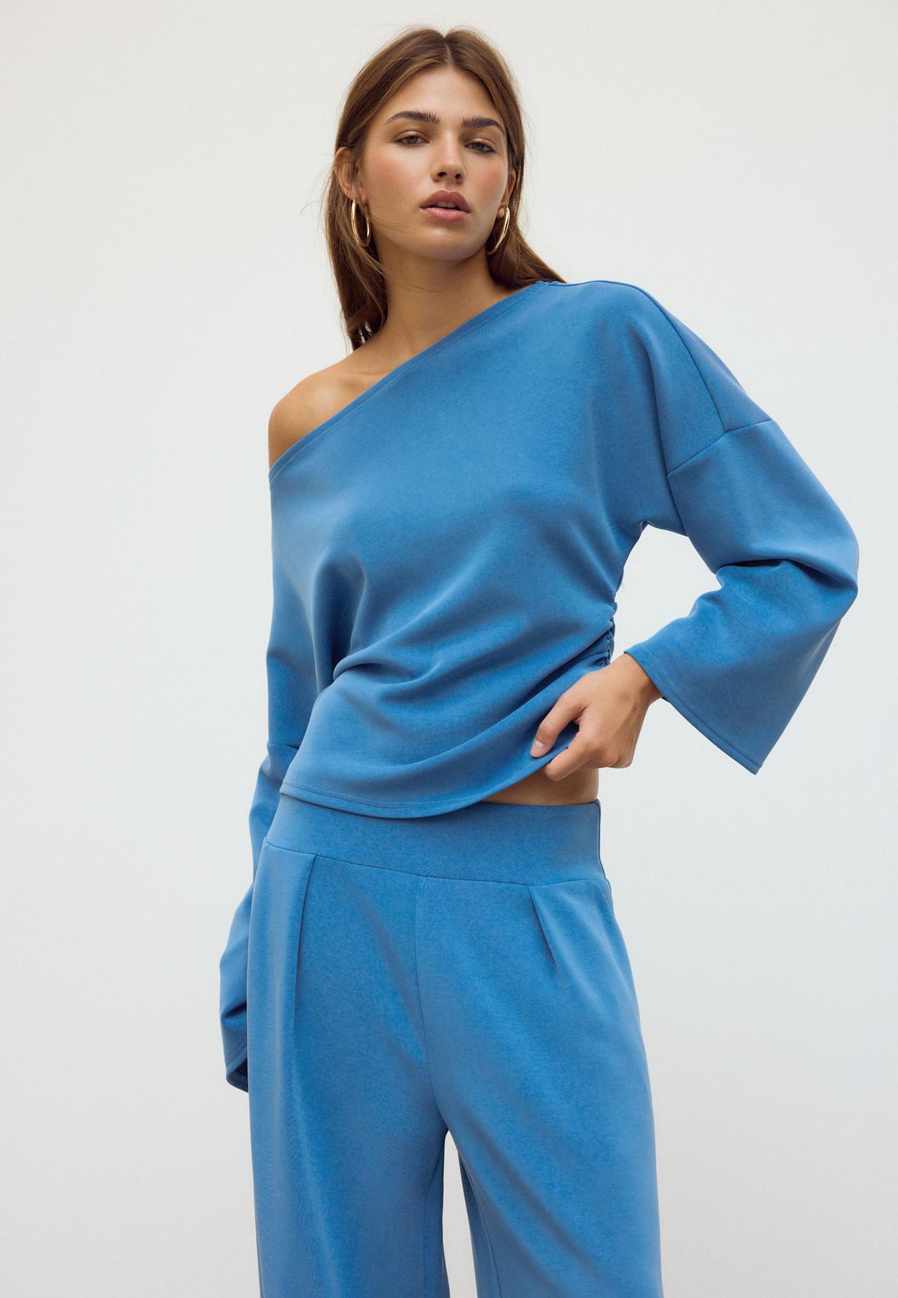 Asymmetric soft-touch ruched sweatshirt — Electric blue